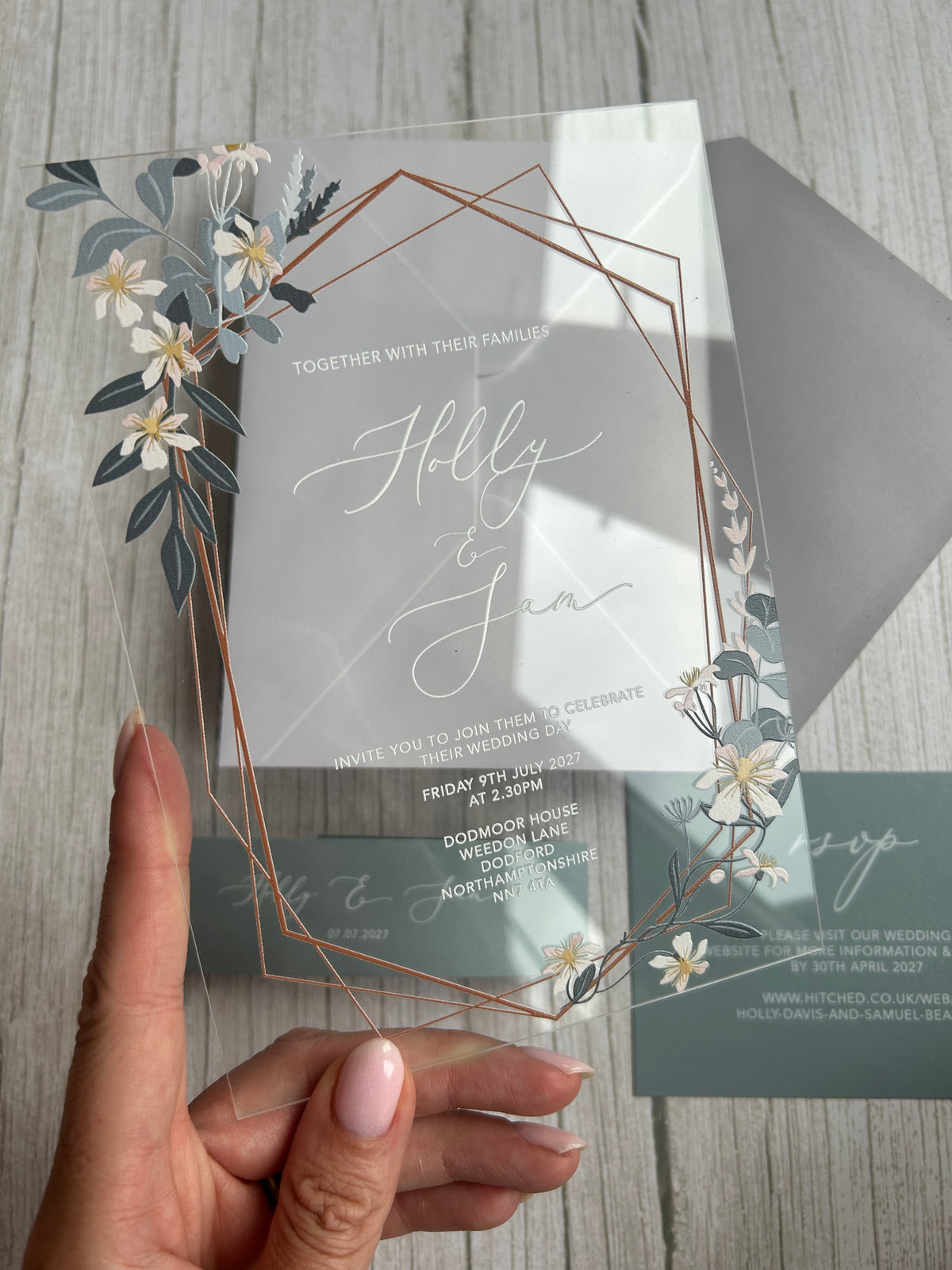 Dusty Blue Boho Geometric Acrylic Wedding Invitation