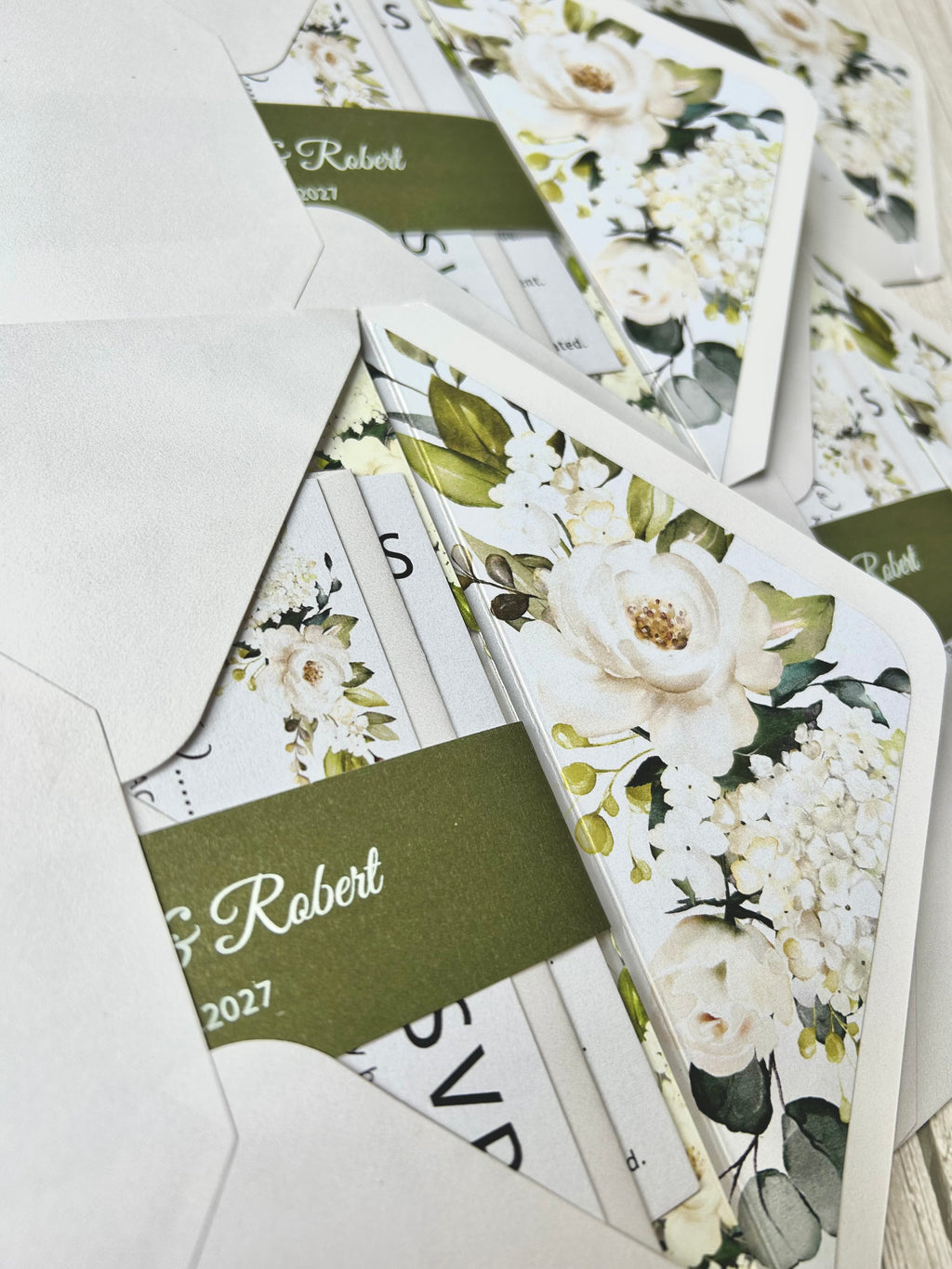 Elegant Acrylic Wedding Invitation: Olive Green Floral, Shimmer Envelope