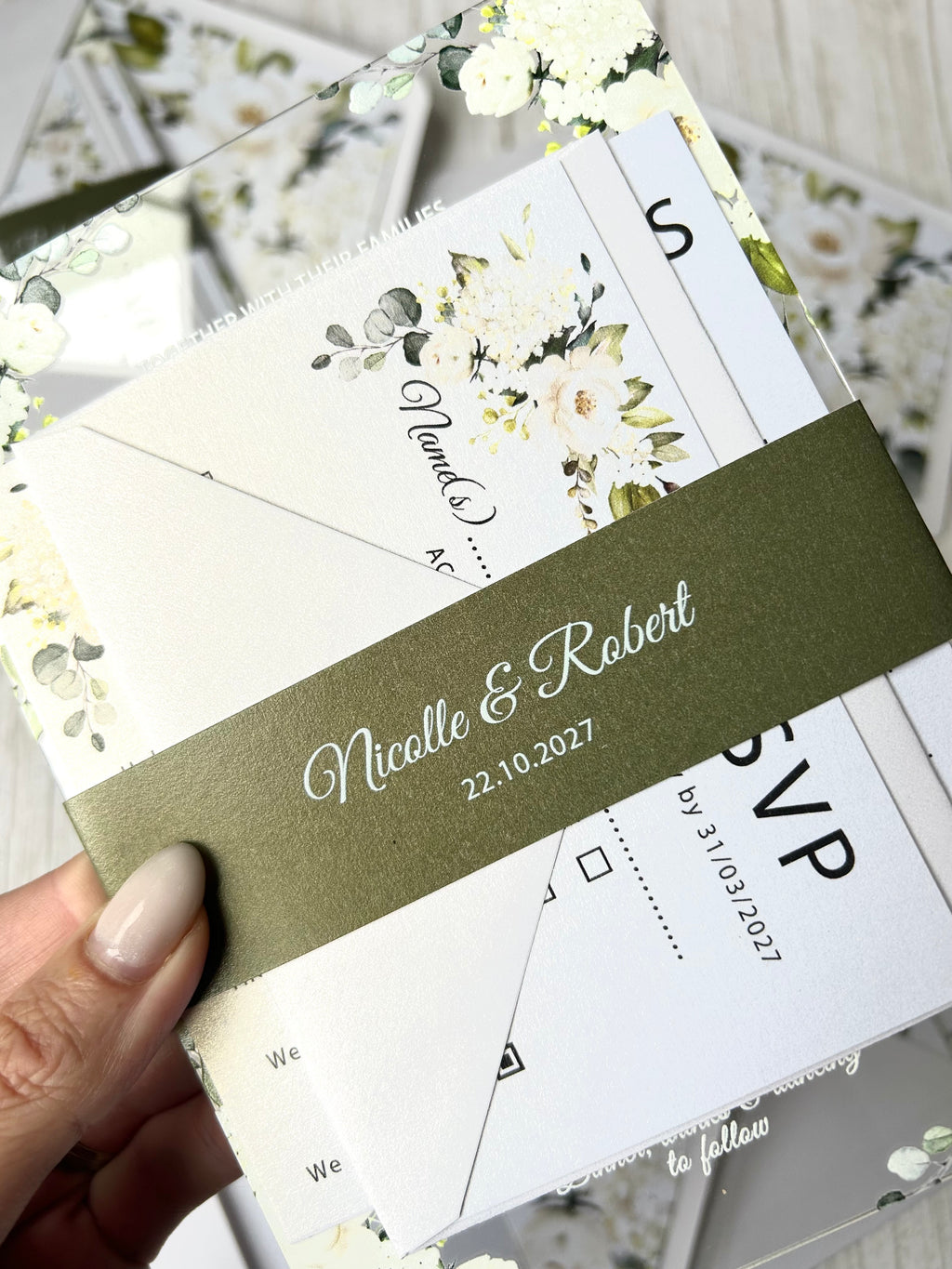 Elegant Acrylic Wedding Invitation: Olive Green Floral, Shimmer Envelope