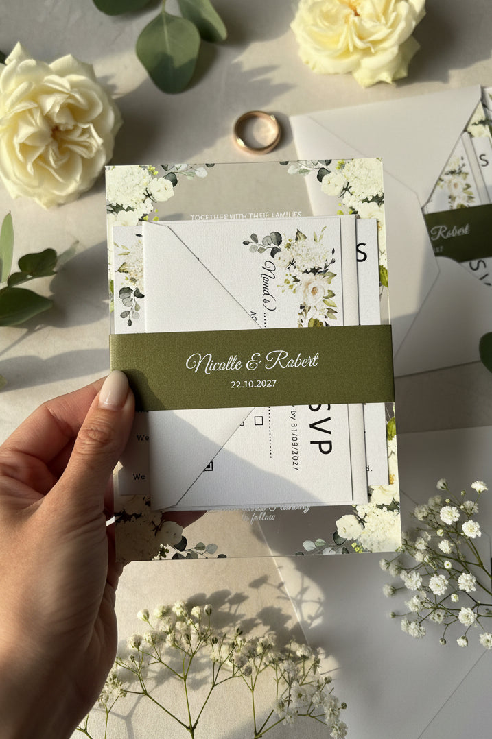 Elegant Acrylic Wedding Invitation: Olive Green Floral, Shimmer Envelope