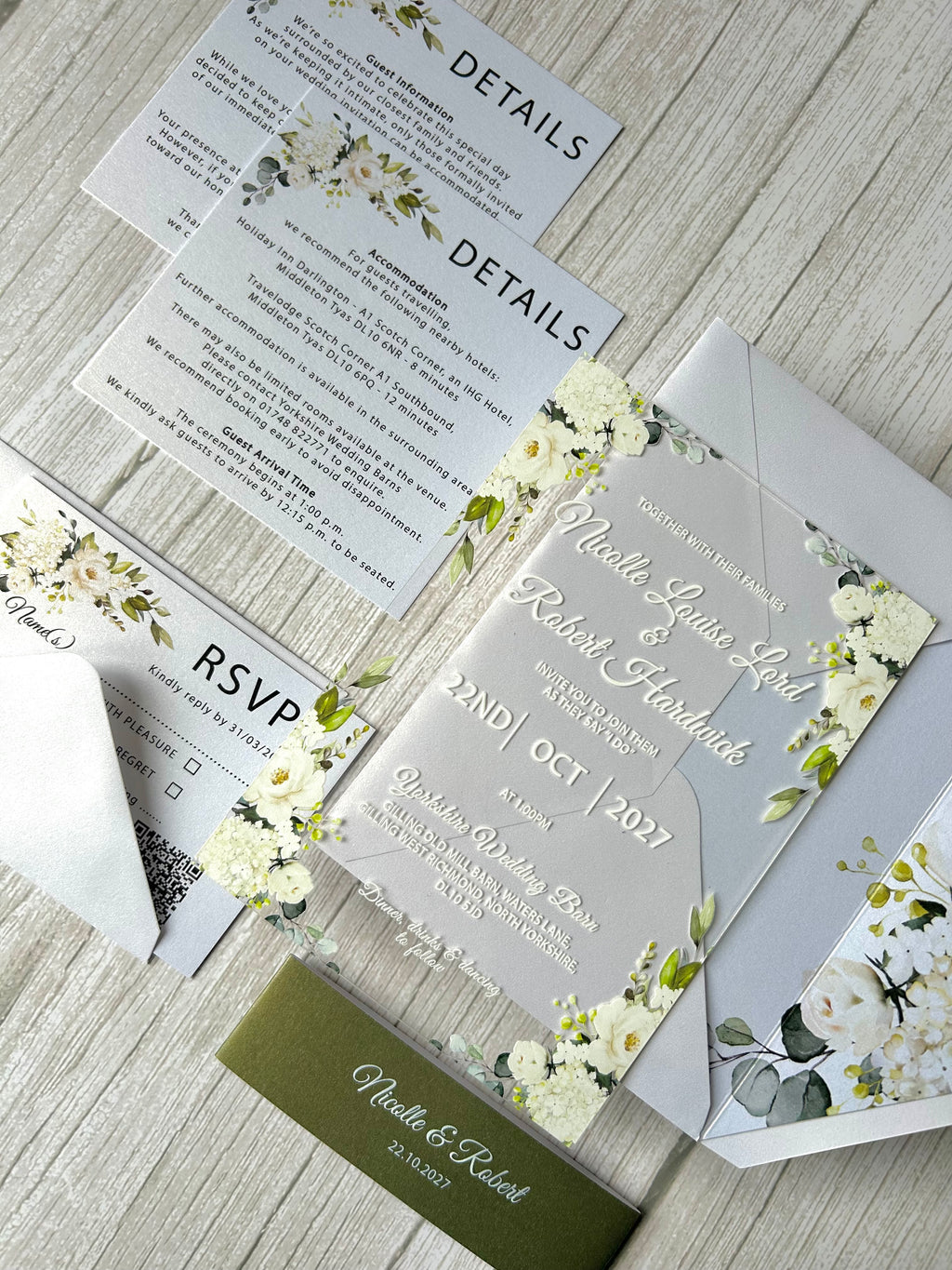 Elegant Acrylic Wedding Invitation: Olive Green Floral, Shimmer Envelope