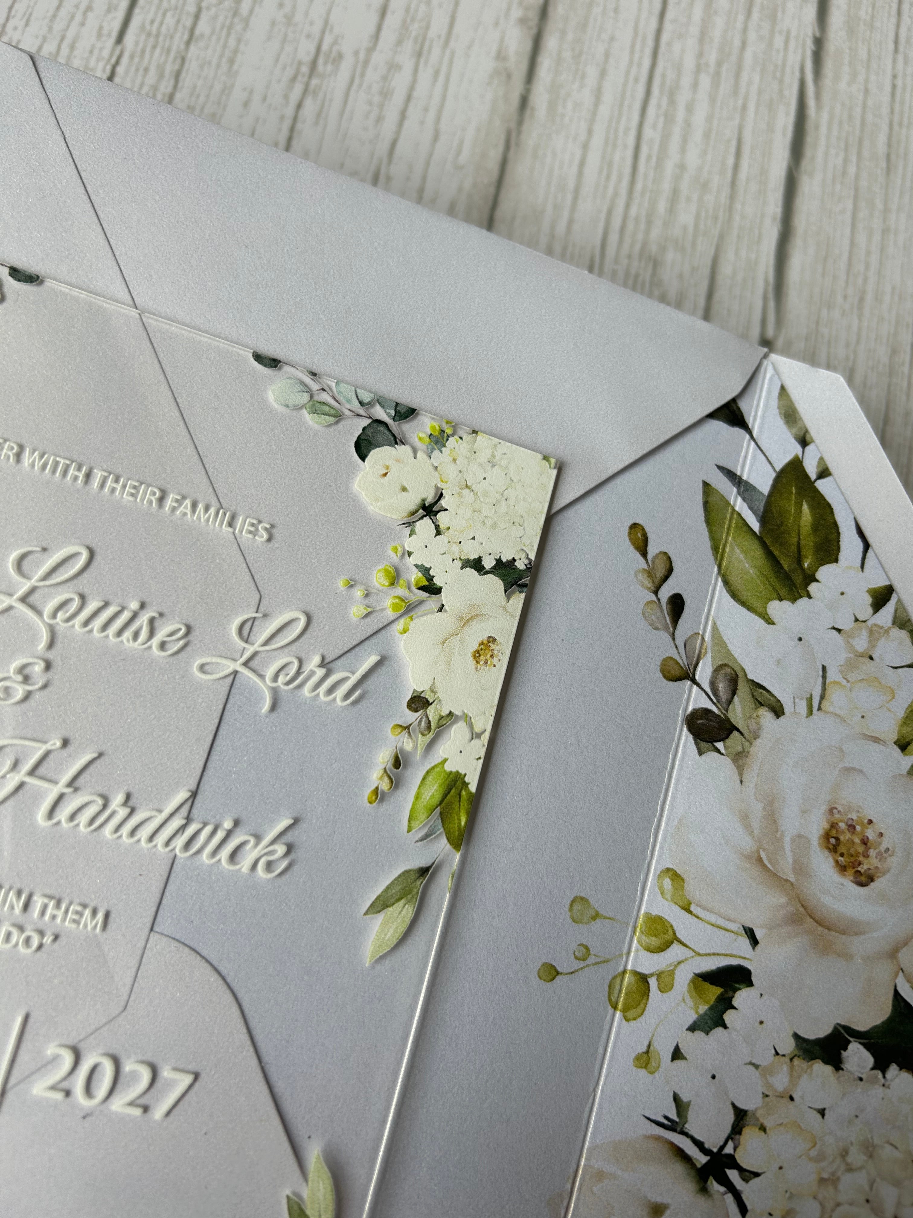 Elegant Acrylic Wedding Invitation: Olive Green Floral, Shimmer Envelope