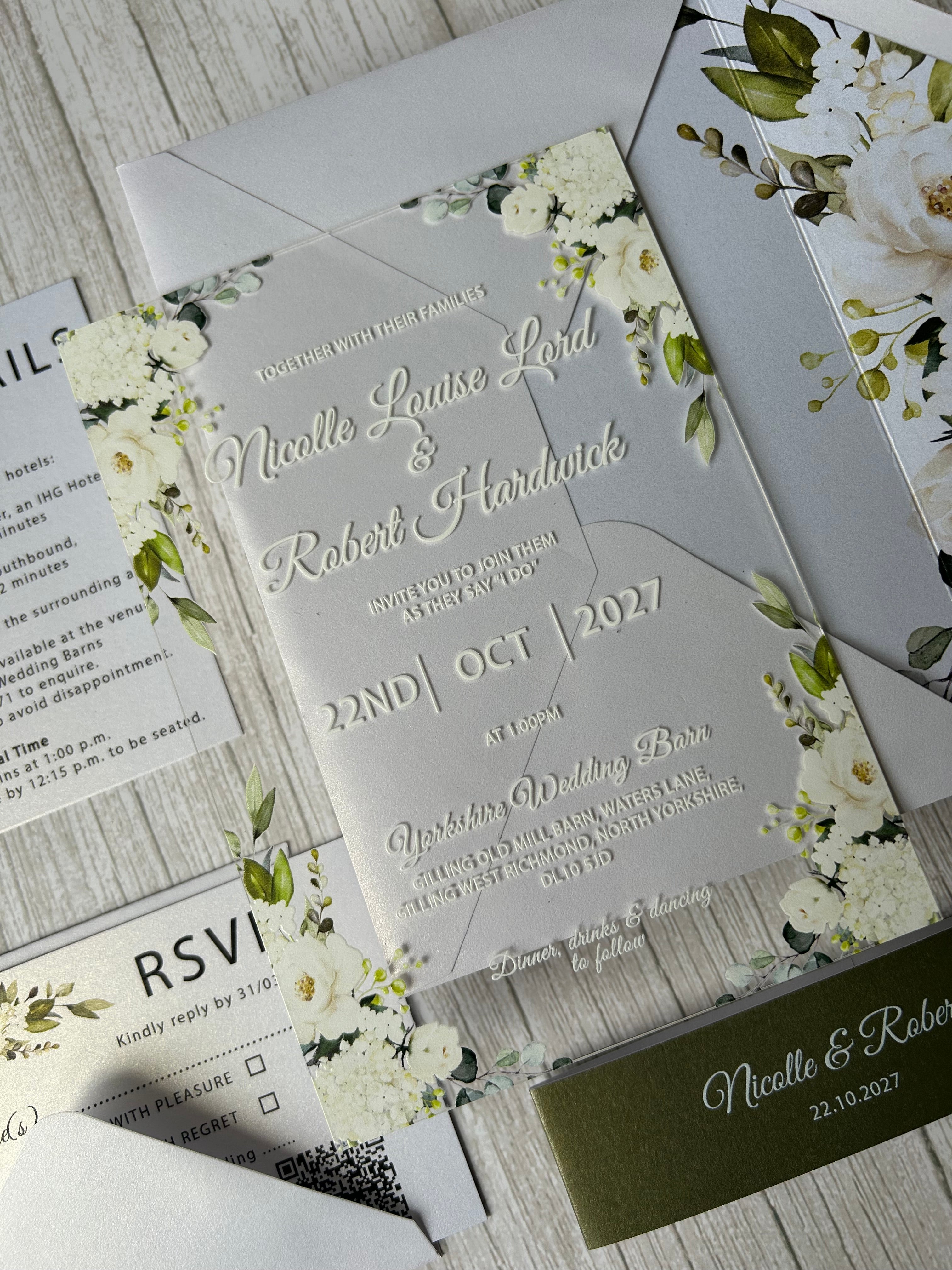 Elegant Acrylic Wedding Invitation: Olive Green Floral, Shimmer Envelope