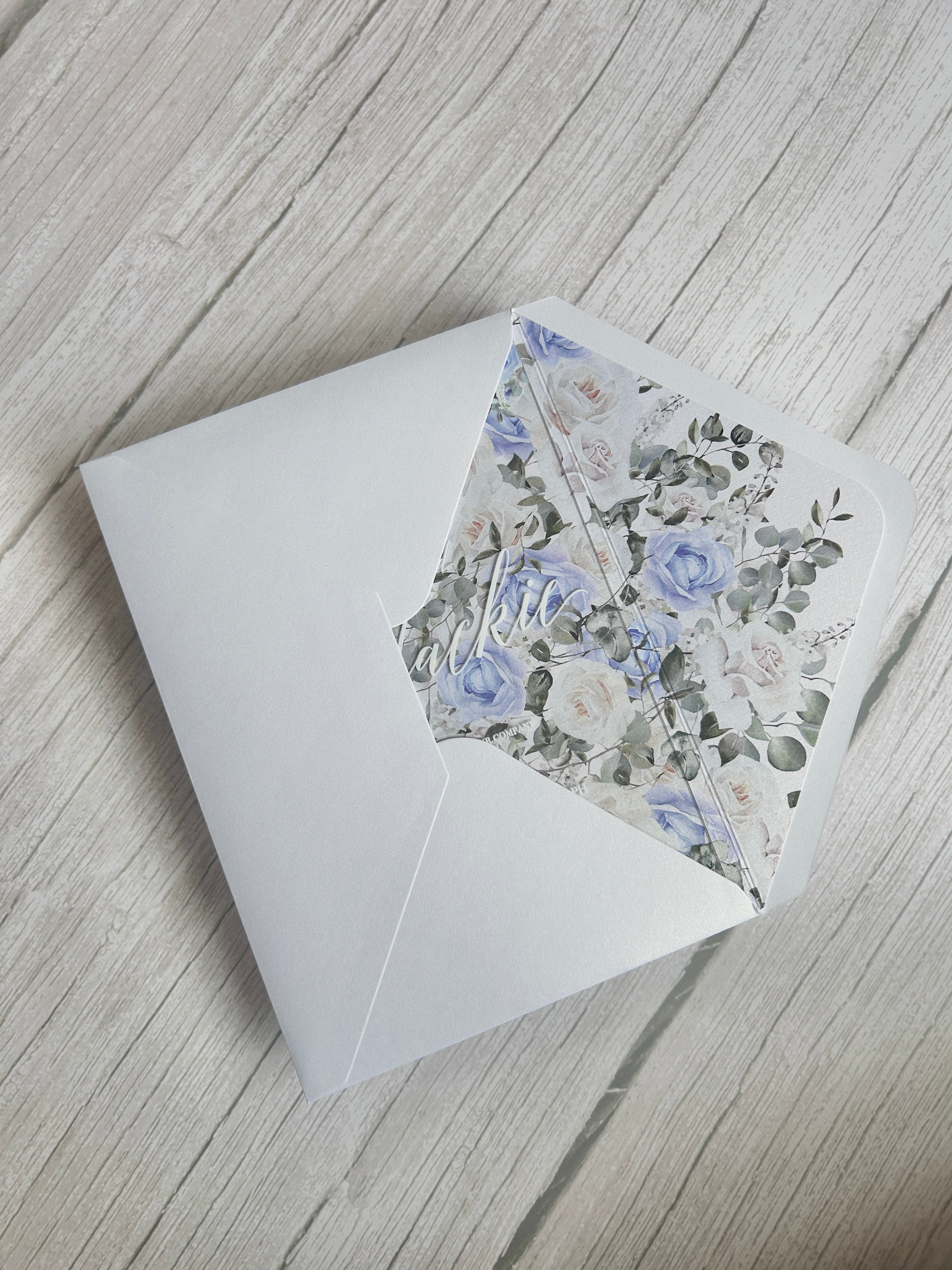 Acrylic Wedding Invitation with Dusty Blue Cornflower Florals & Envelope Liner