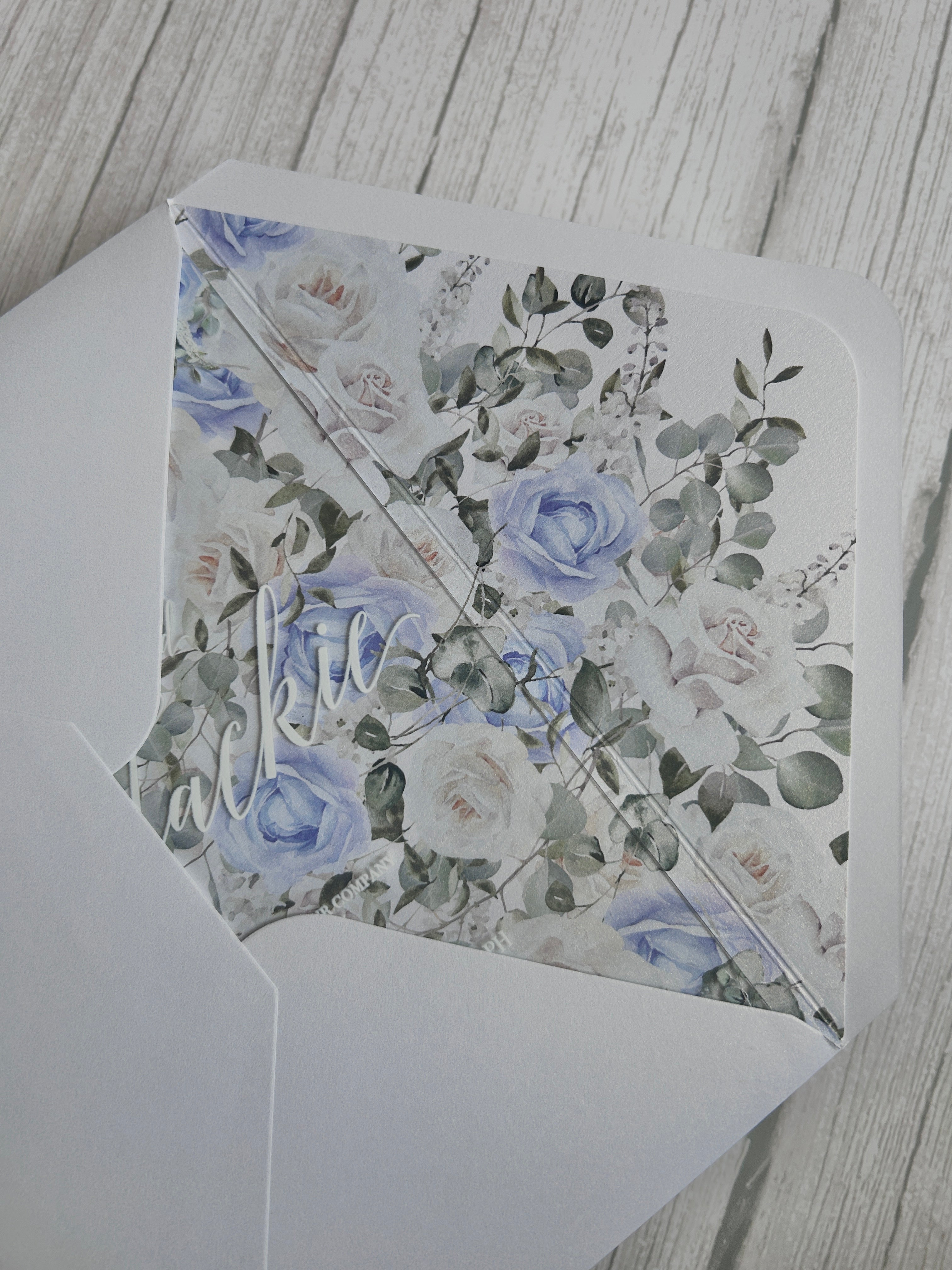 Acrylic Wedding Invitation with Dusty Blue Cornflower Florals & Envelope Liner