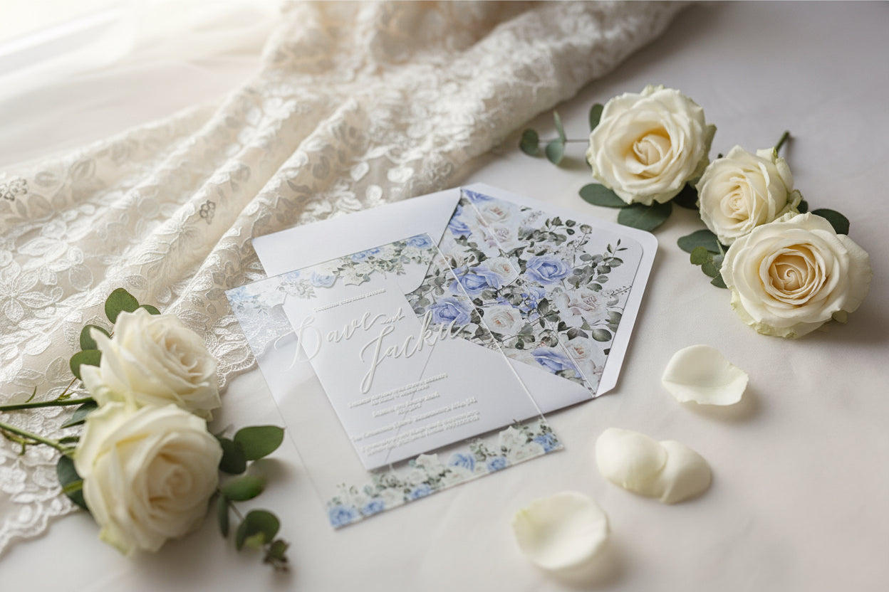 Acrylic Wedding Invitation with Dusty Blue Cornflower Florals & Envelope Liner
