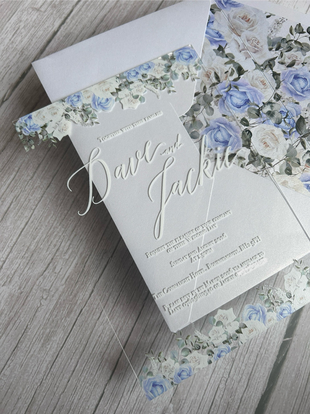 Acrylic Wedding Invitation with Dusty Blue Cornflower Florals & Envelope Liner