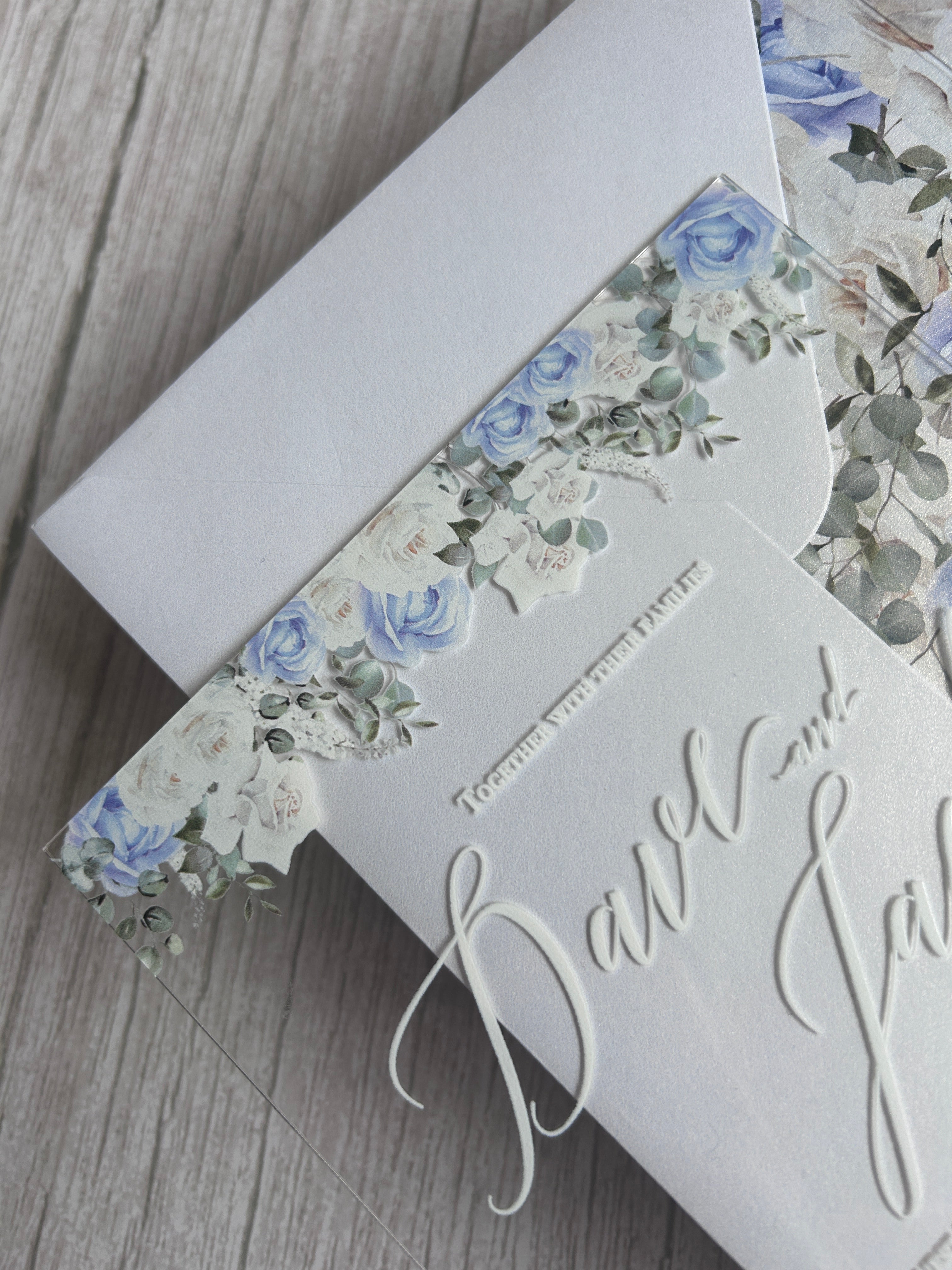 Acrylic Wedding Invitation with Dusty Blue Cornflower Florals & Envelope Liner