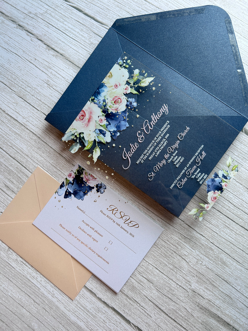 Navy & Blush Acrylic Wedding Invitation with Foiled Inserts