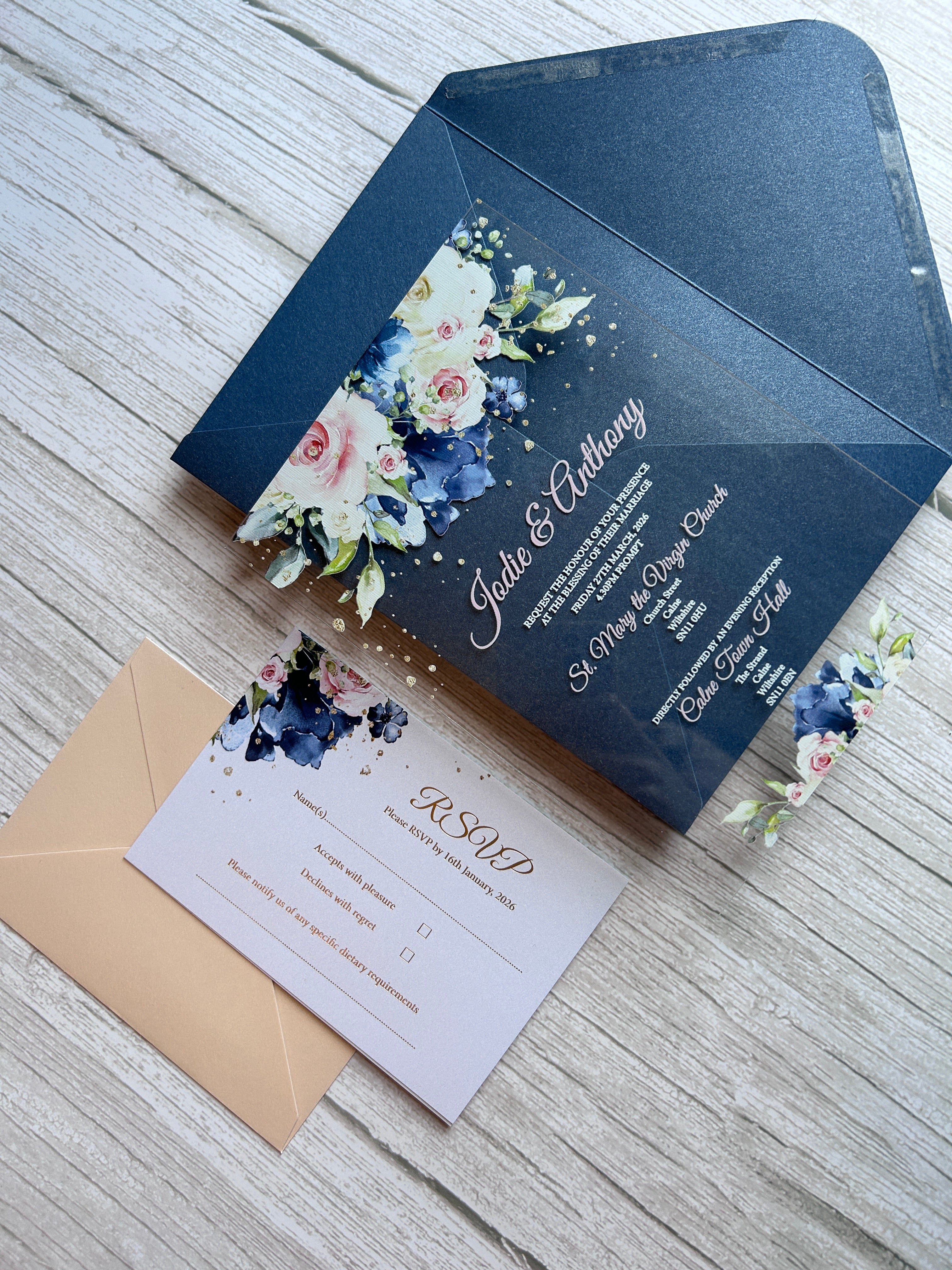 Navy & Blush Acrylic Wedding Invitation with Foiled Inserts