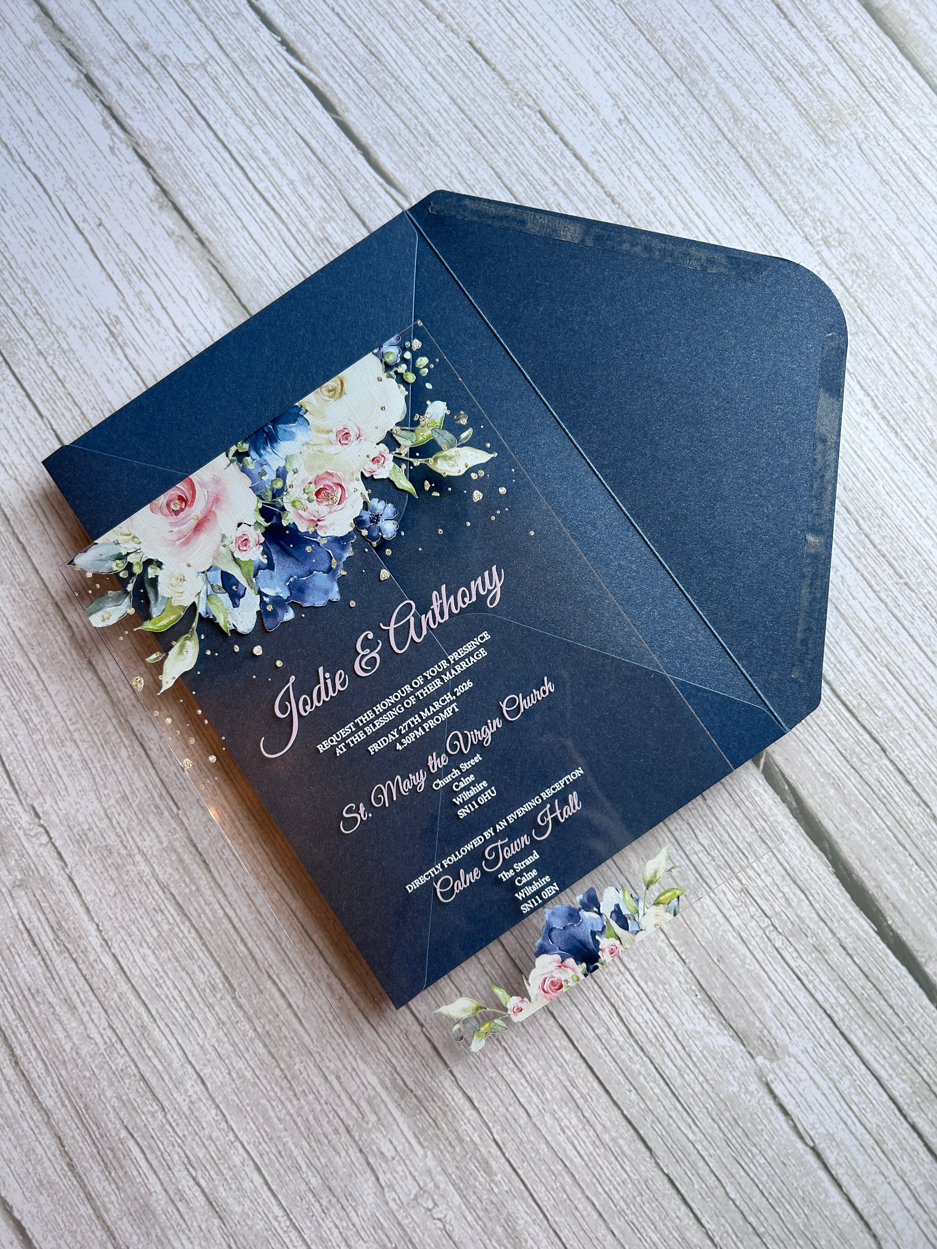 Navy & Blush Acrylic Wedding Invitation with Foiled Inserts