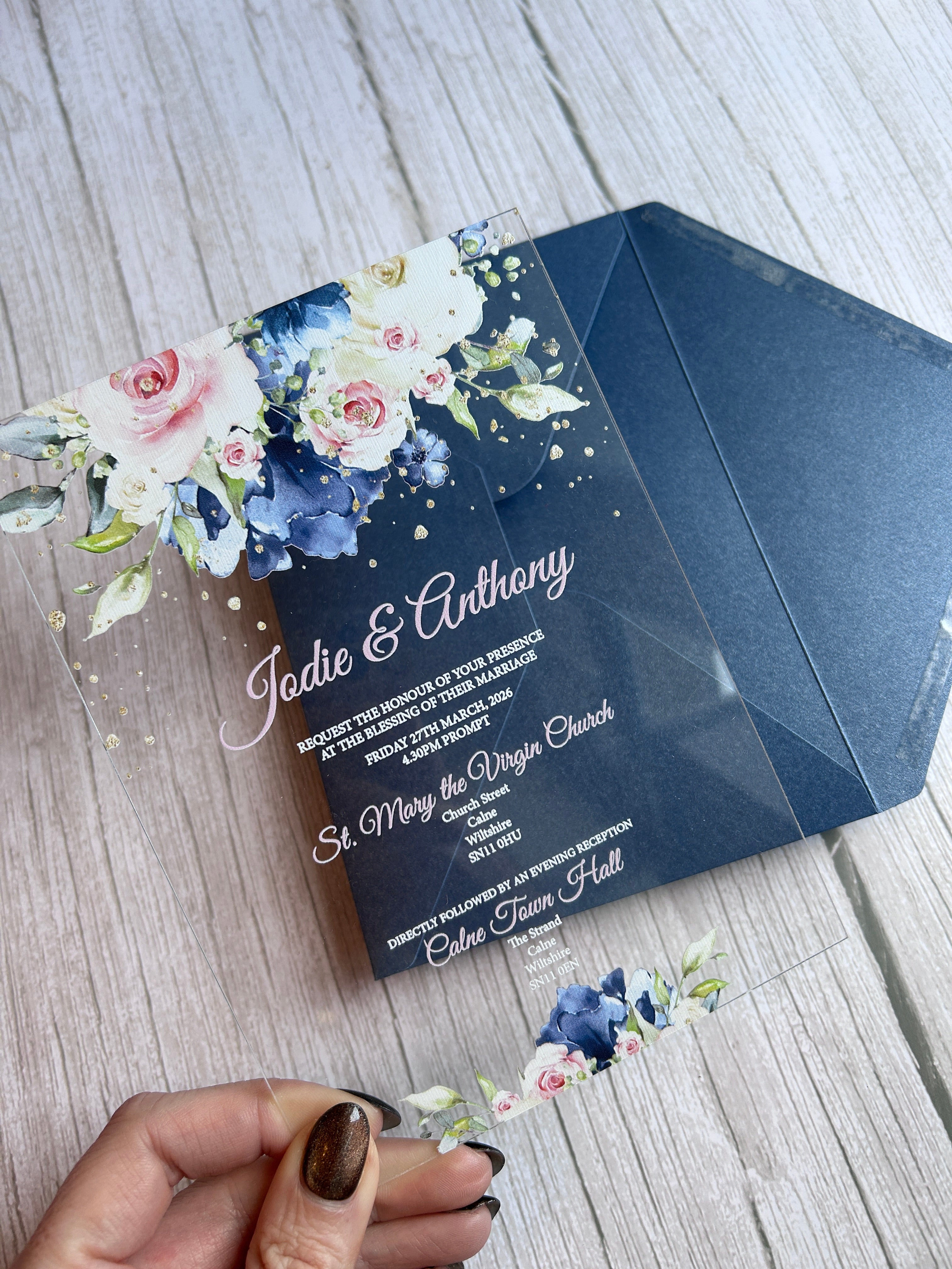 Navy & Blush Acrylic Wedding Invitation with Foiled Inserts