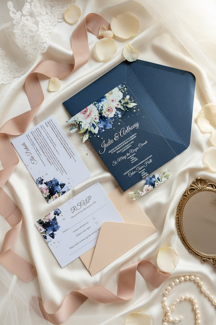 Navy & Blush Acrylic Wedding Invitation with Foiled Inserts