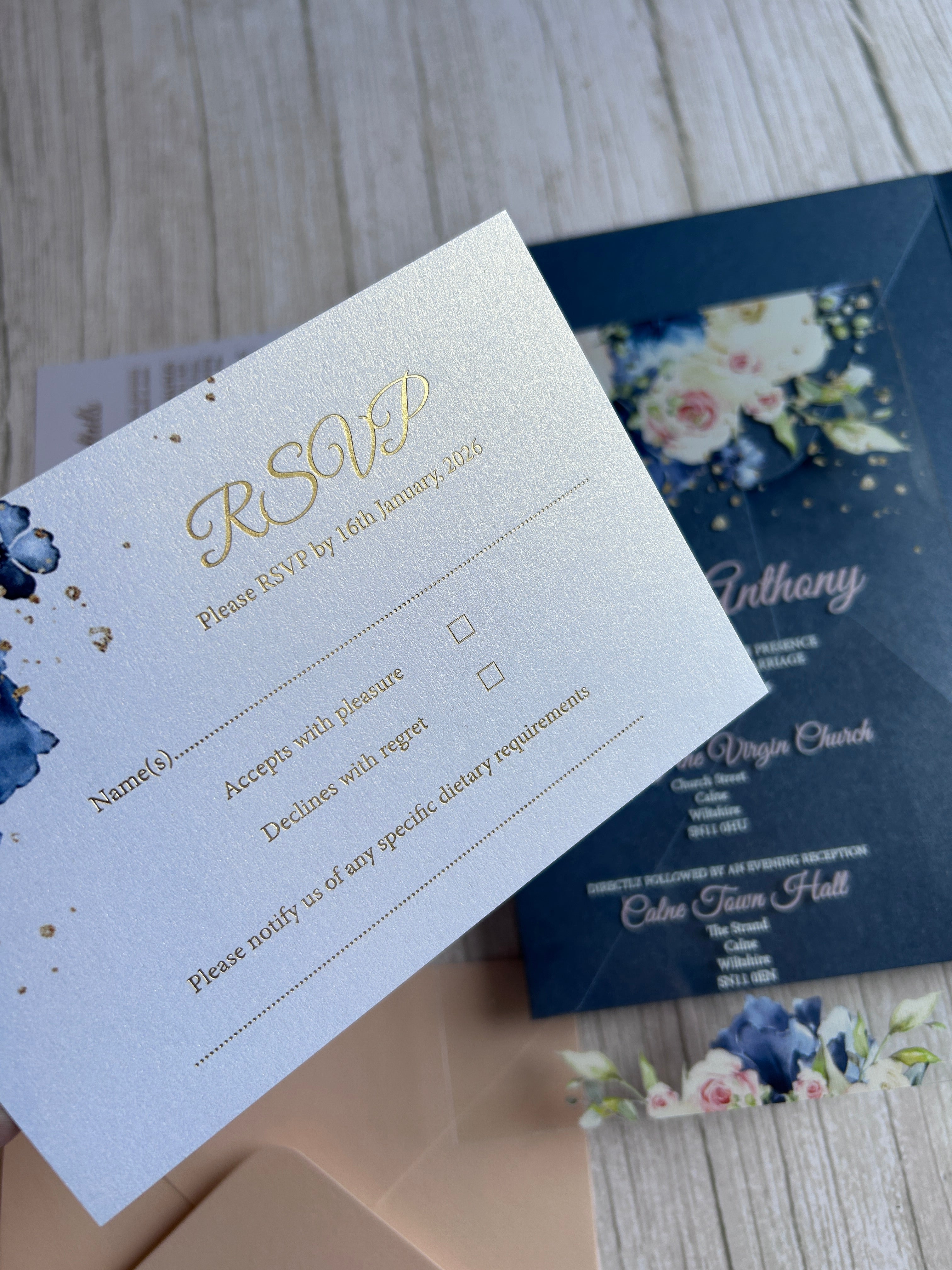 Navy & Blush Acrylic Wedding Invitation with Foiled Inserts