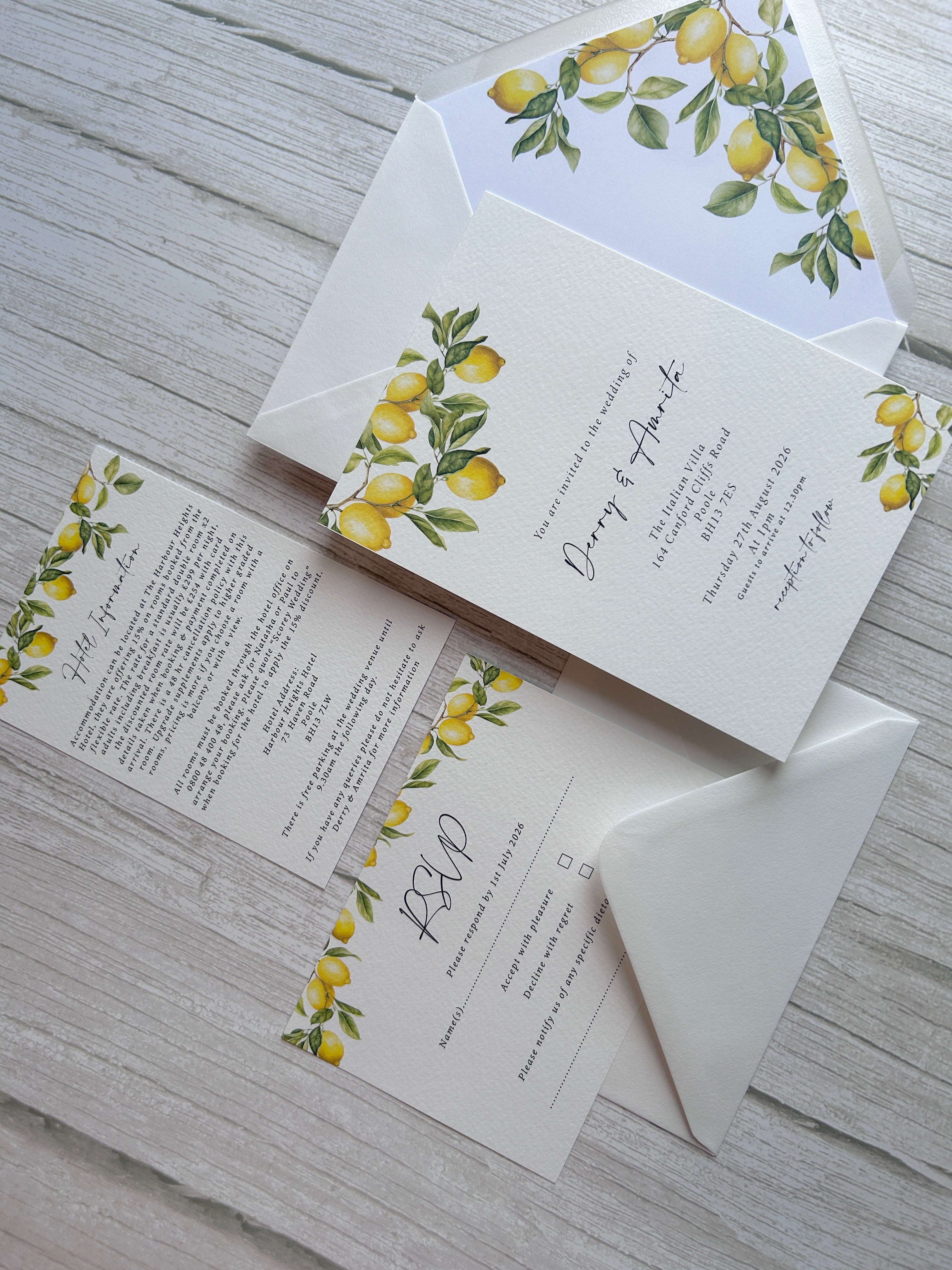 Italian Lemon Wedding Invitation With Lemon Thread & Personalised Wax Seal