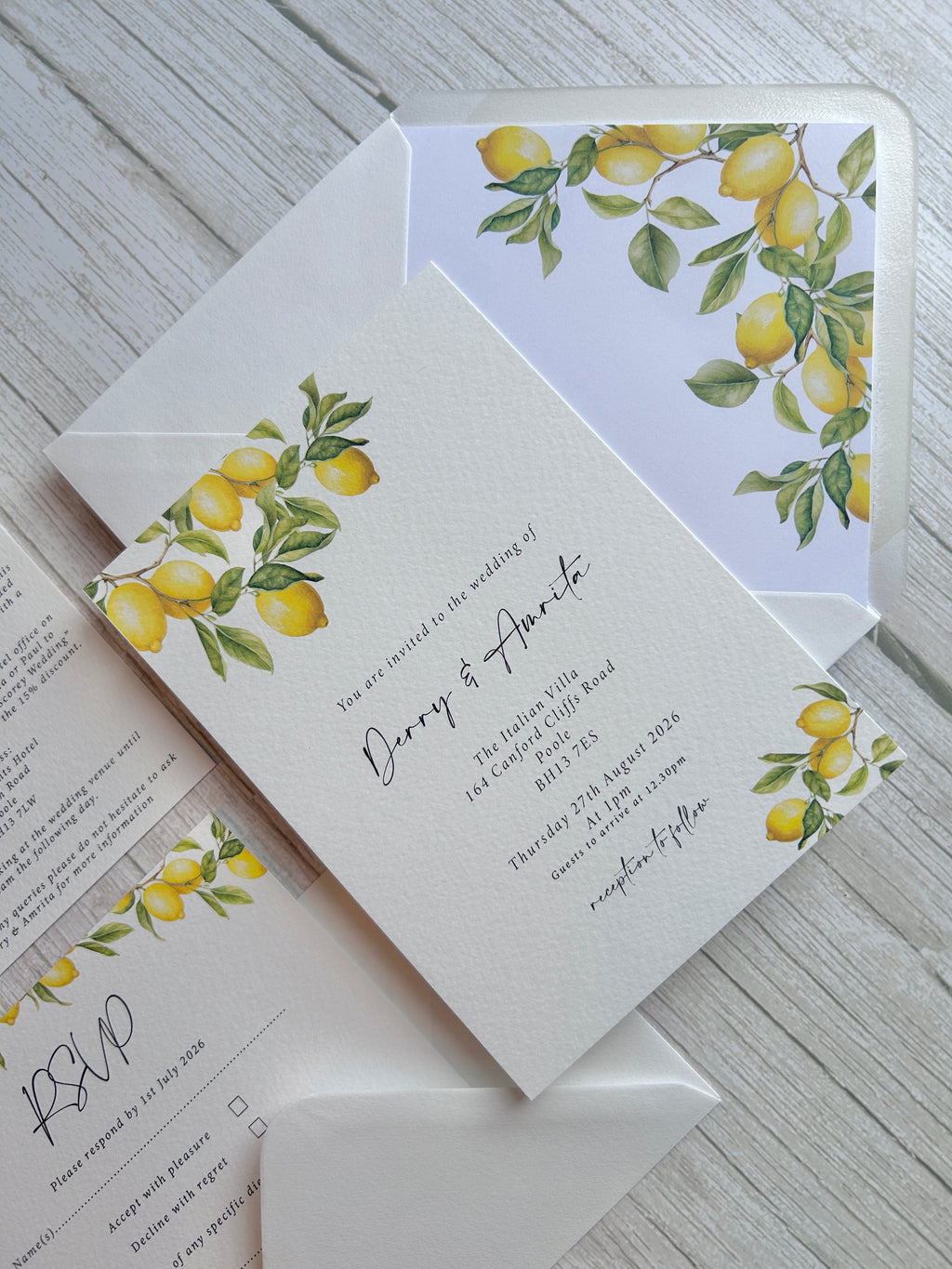 Italian Lemon Wedding Invitation With Lemon Thread & Personalised Wax Seal