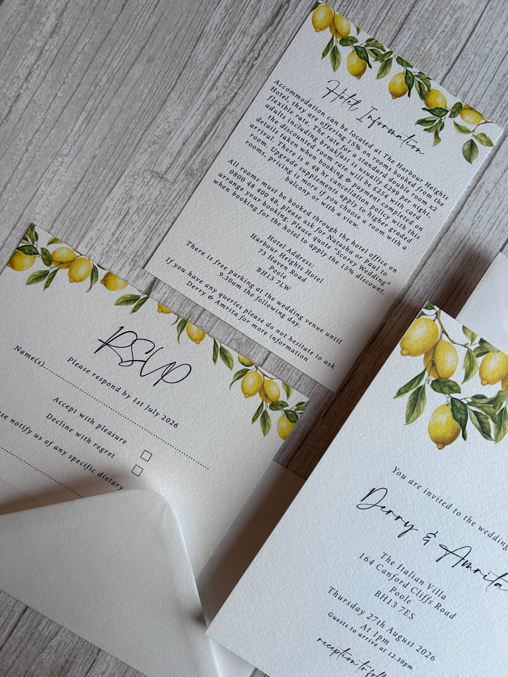 Italian Lemon Wedding Invitation With Lemon Thread & Personalised Wax Seal