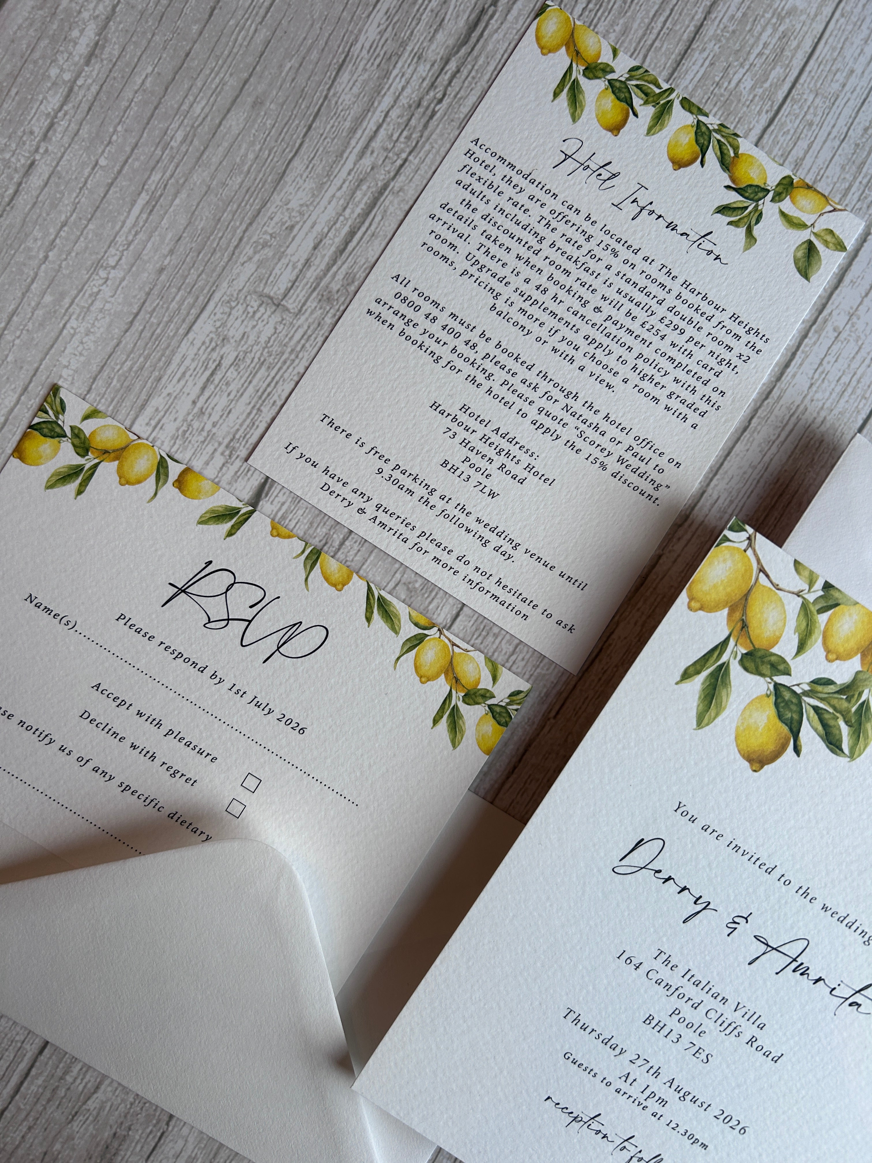 Italian Lemon Wedding Invitation With Lemon Thread & Personalised Wax Seal