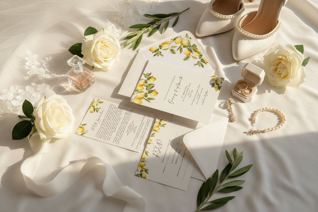 Italian Lemon Wedding Invitation With Lemon Thread & Personalised Wax Seal