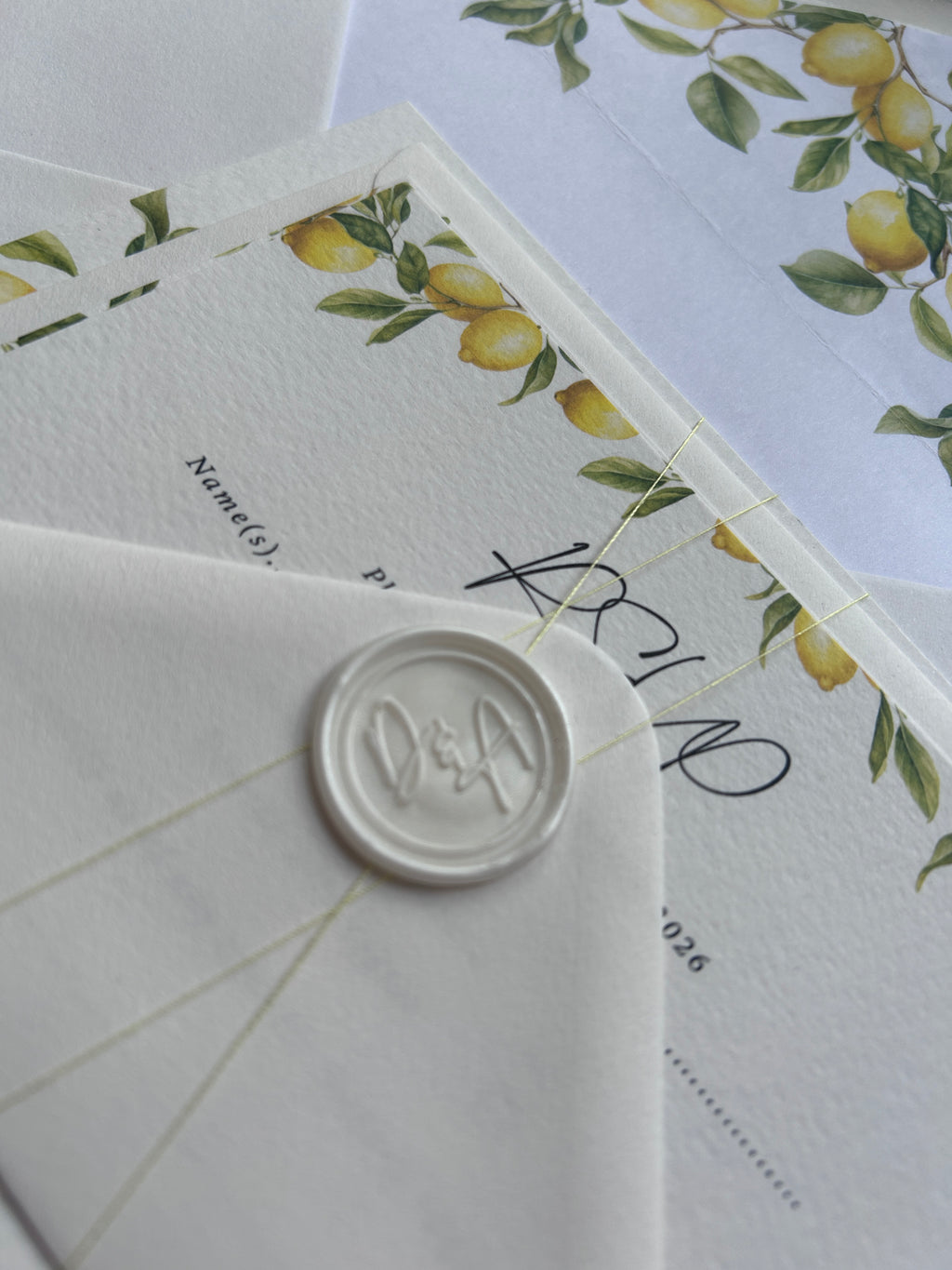 Italian Lemon Wedding Invitation With Lemon Thread & Personalised Wax Seal
