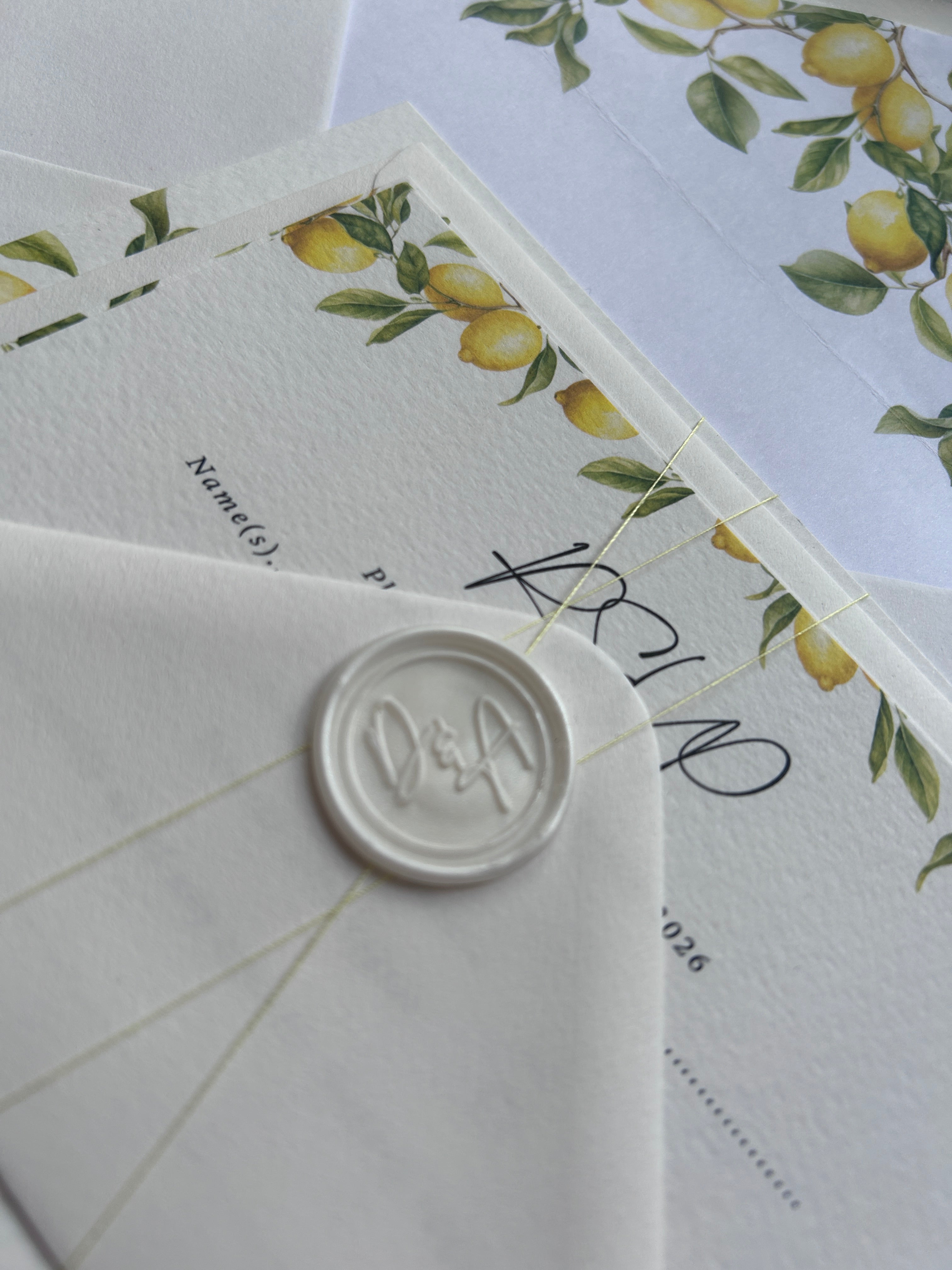 Italian Lemon Wedding Invitation With Lemon Thread & Personalised Wax Seal
