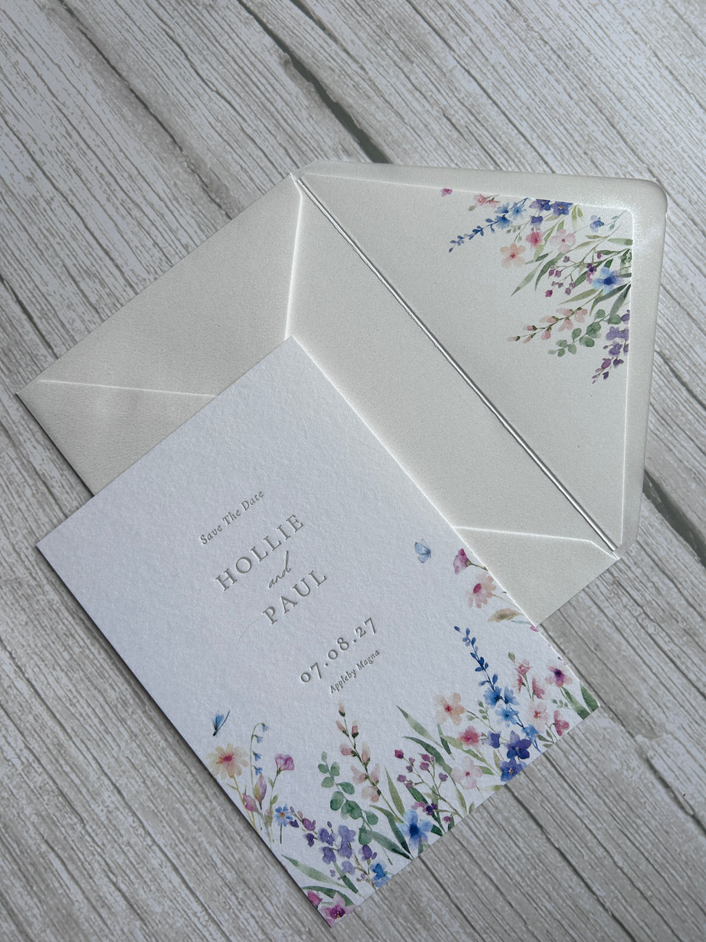 Letterpress Wildflower Save The Date with Envelope Liner