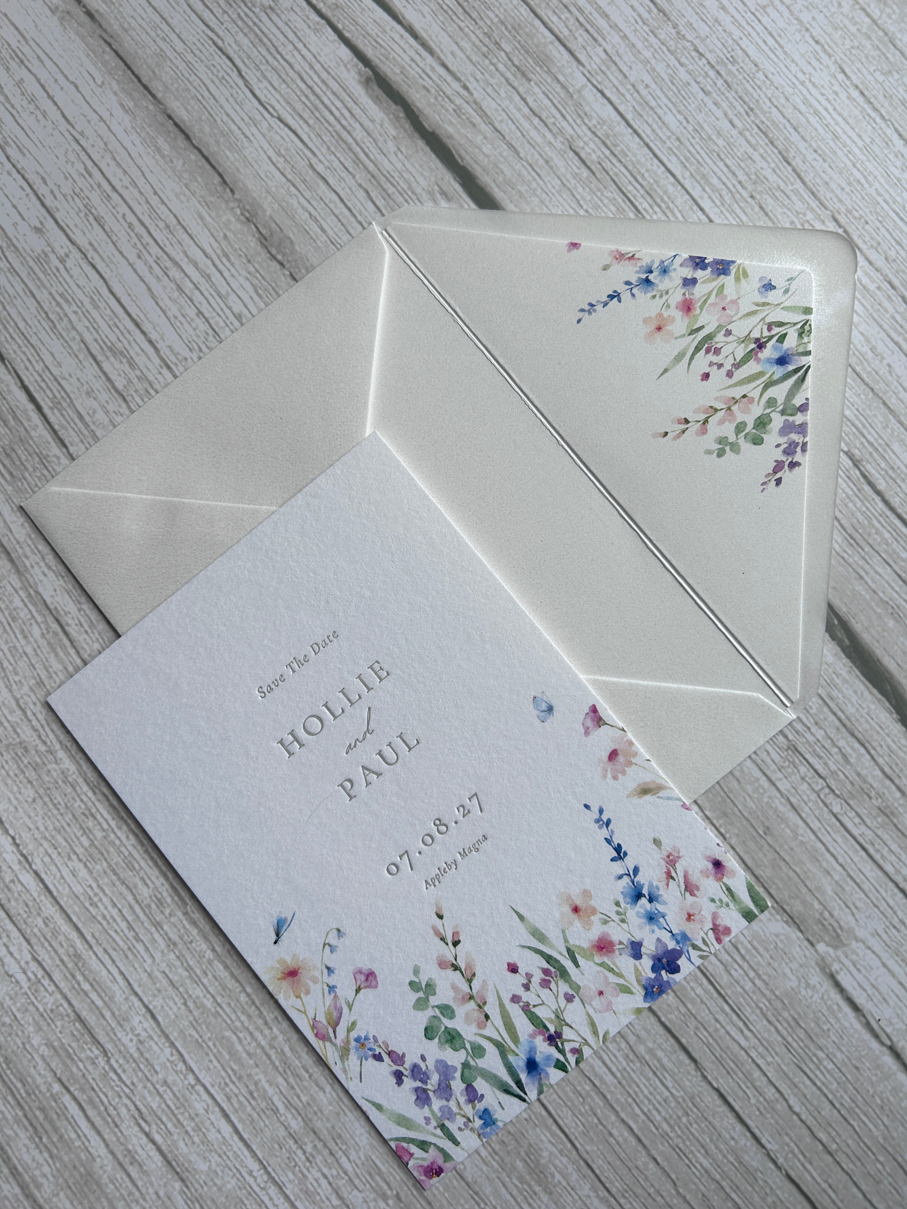 Letterpress Wildflower Save The Date with Envelope Liner
