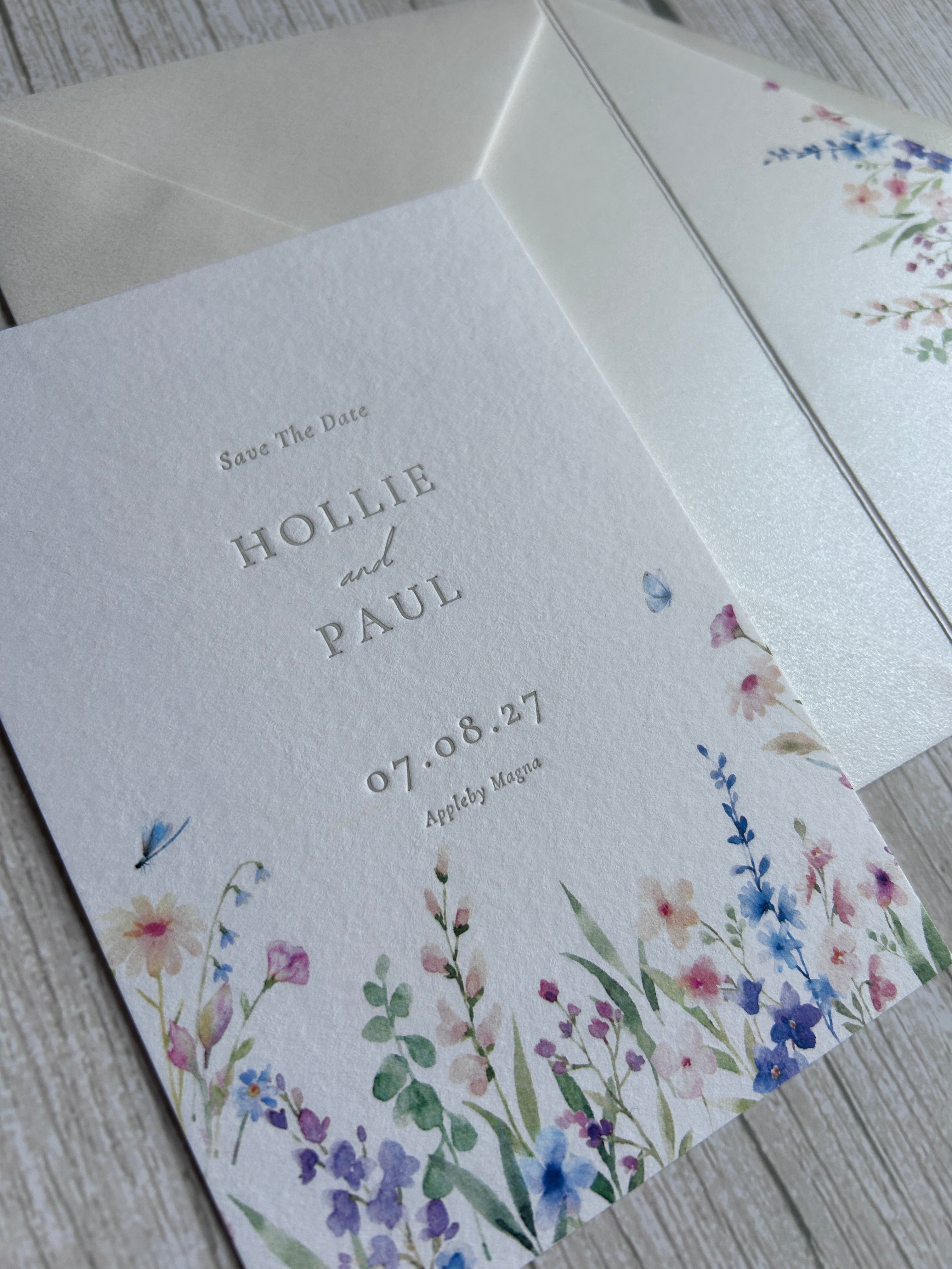 Letterpress Wildflower Save The Date with Envelope Liner