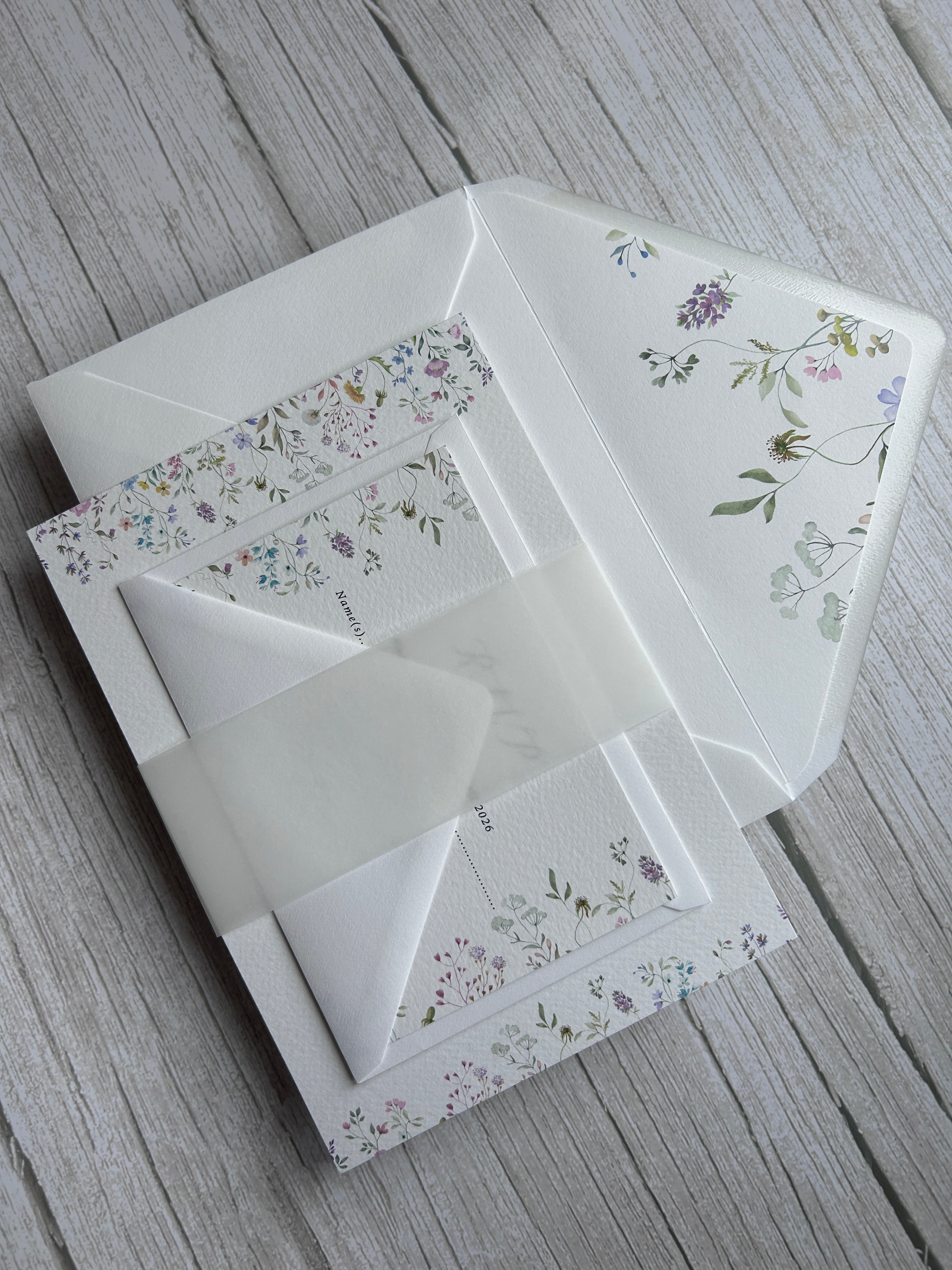 Wildflower Watercolour Botanical Border Wedding Invitations with Vellum Bellyband & Envelope Liner