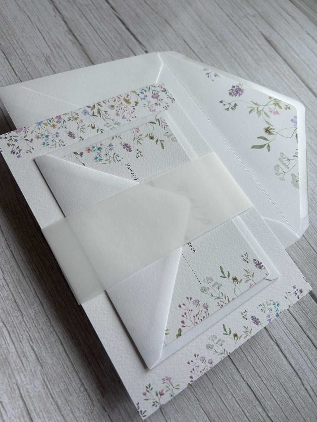 Wildflower Watercolour Botanical Border Wedding Invitations with Vellum Bellyband & Envelope Liner
