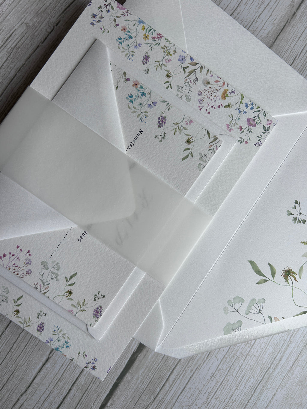 Wildflower Watercolour Botanical Border Wedding Invitations with Vellum Bellyband & Envelope Liner