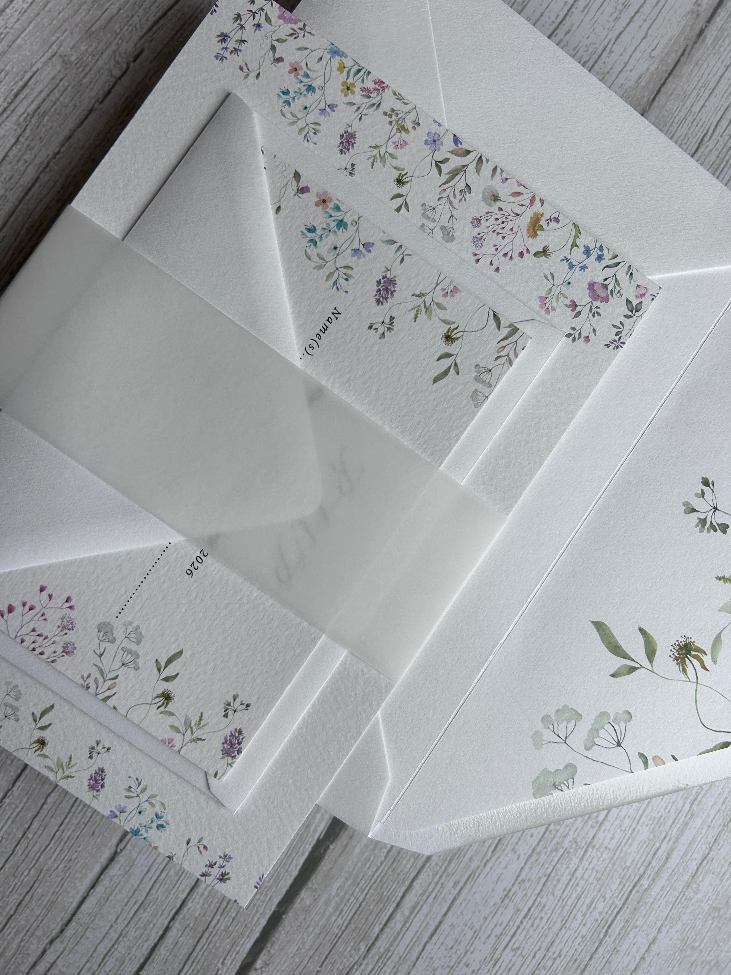 Wildflower Watercolour Botanical Border Wedding Invitations with Vellum Bellyband & Envelope Liner