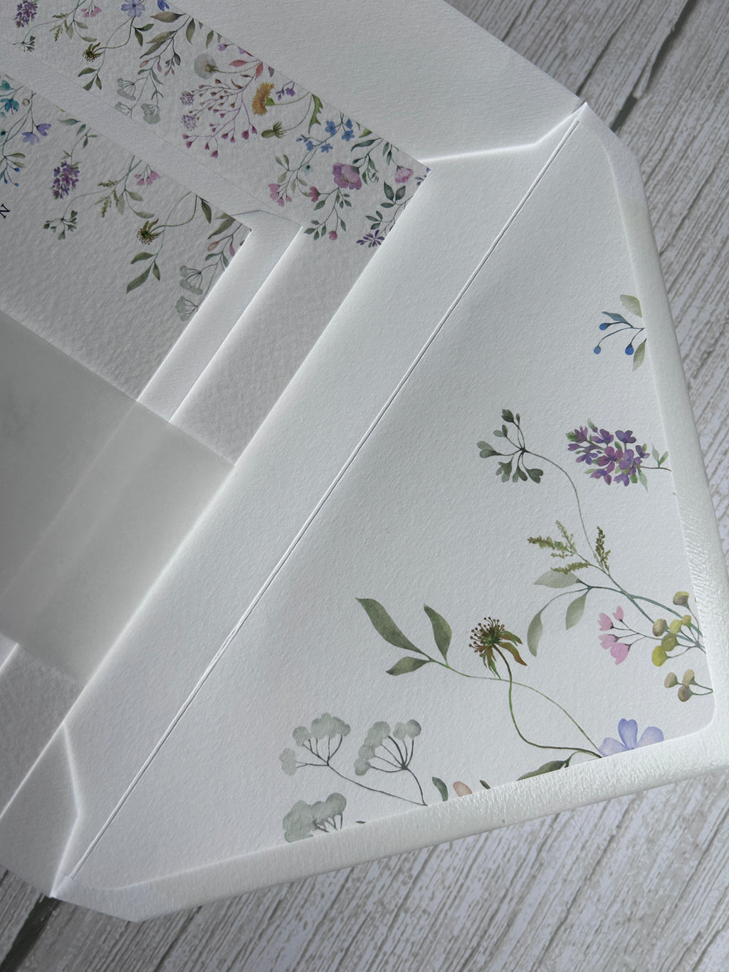 Wildflower Watercolour Botanical Border Wedding Invitations with Vellum Bellyband & Envelope Liner