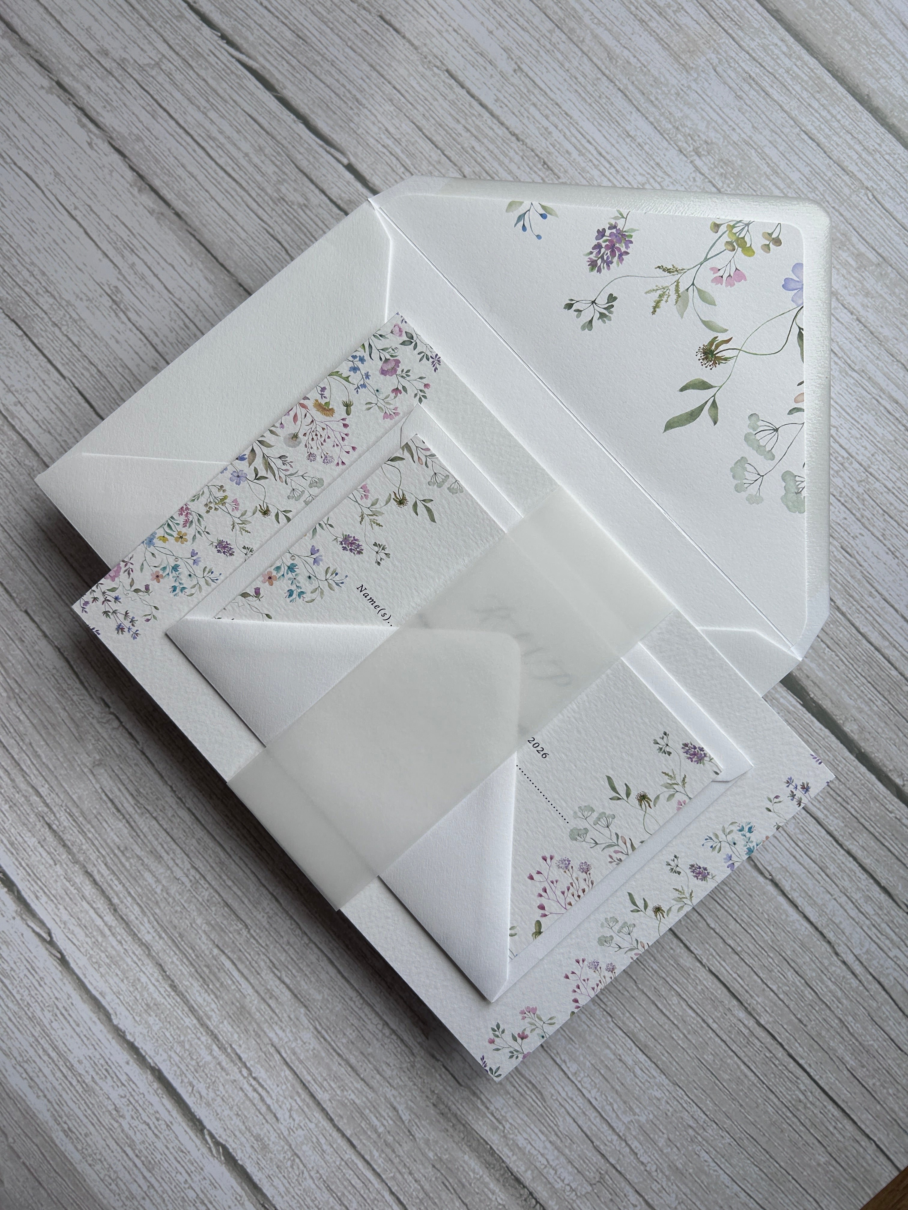 Wildflower Watercolour Botanical Border Wedding Invitations with Vellum Bellyband & Envelope Liner