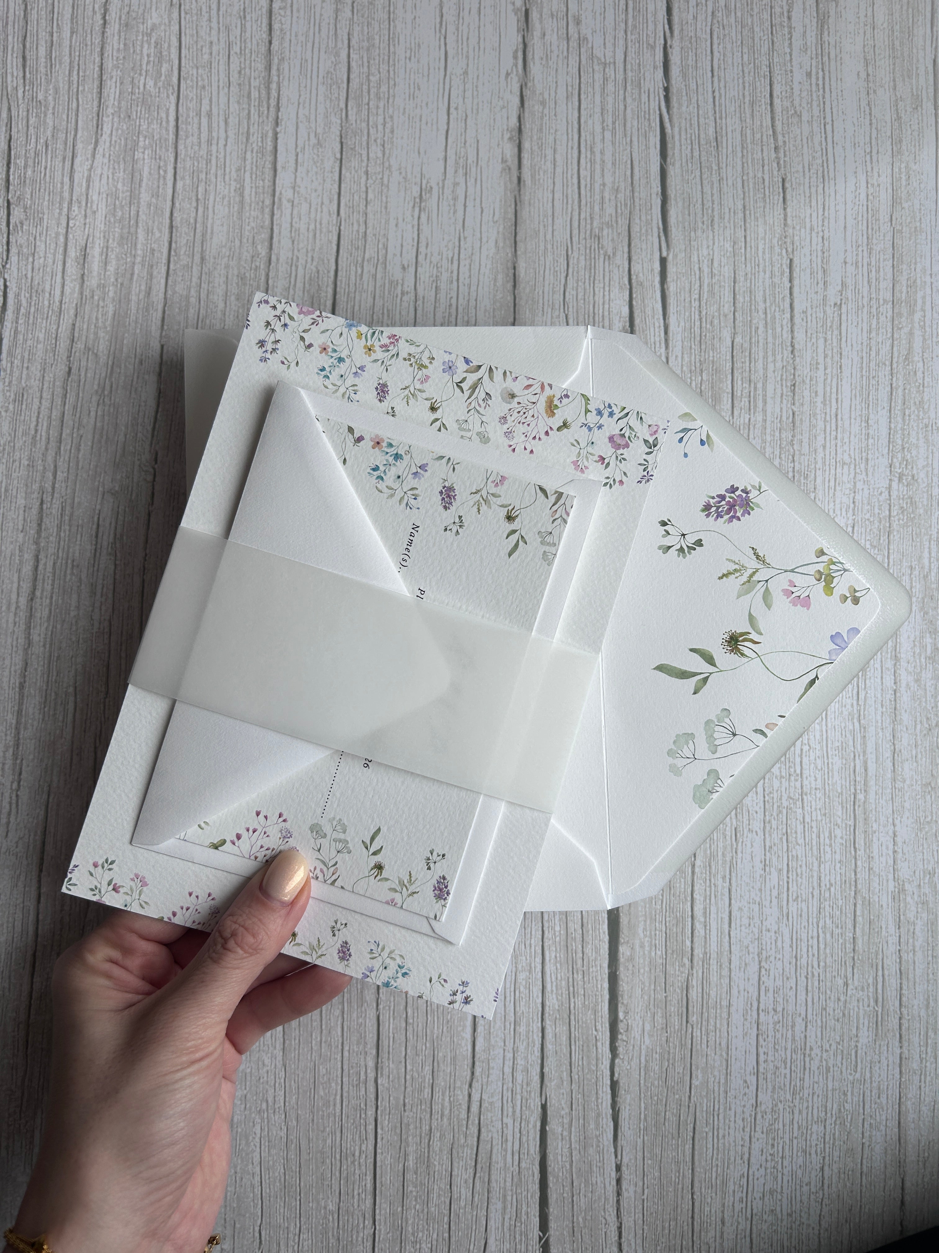 Wildflower Watercolour Botanical Border Wedding Invitations with Vellum Bellyband & Envelope Liner
