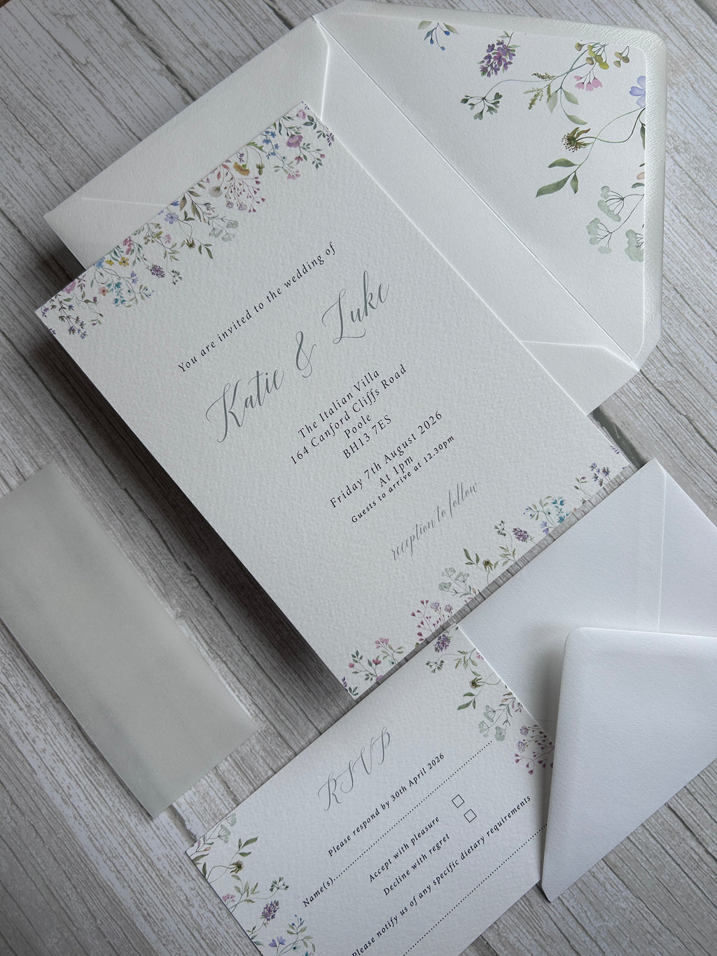 Wildflower Watercolour Botanical Border Wedding Invitations with Vellum Bellyband & Envelope Liner