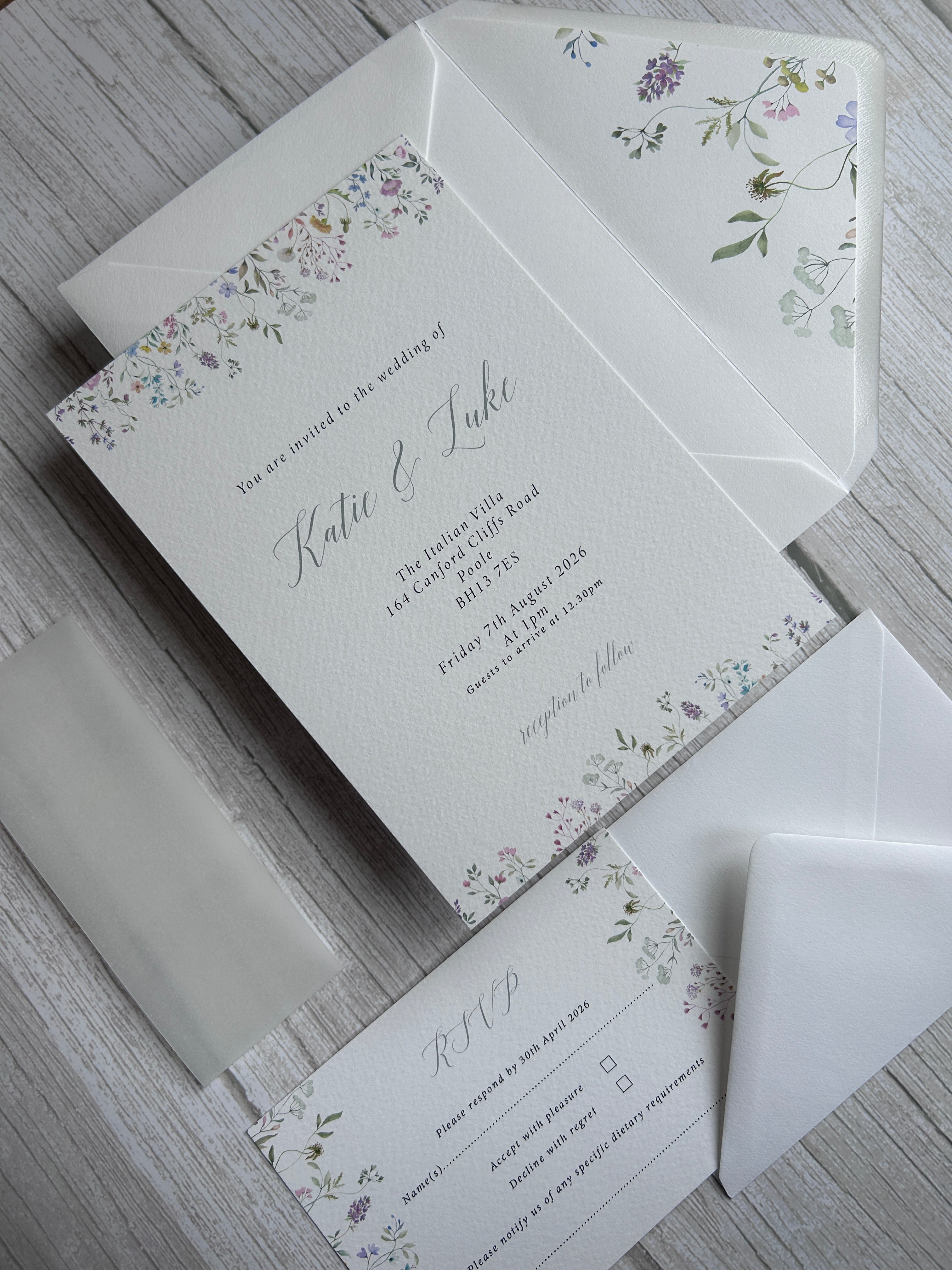 Wildflower Watercolour Botanical Border Wedding Invitations with Vellum Bellyband & Envelope Liner