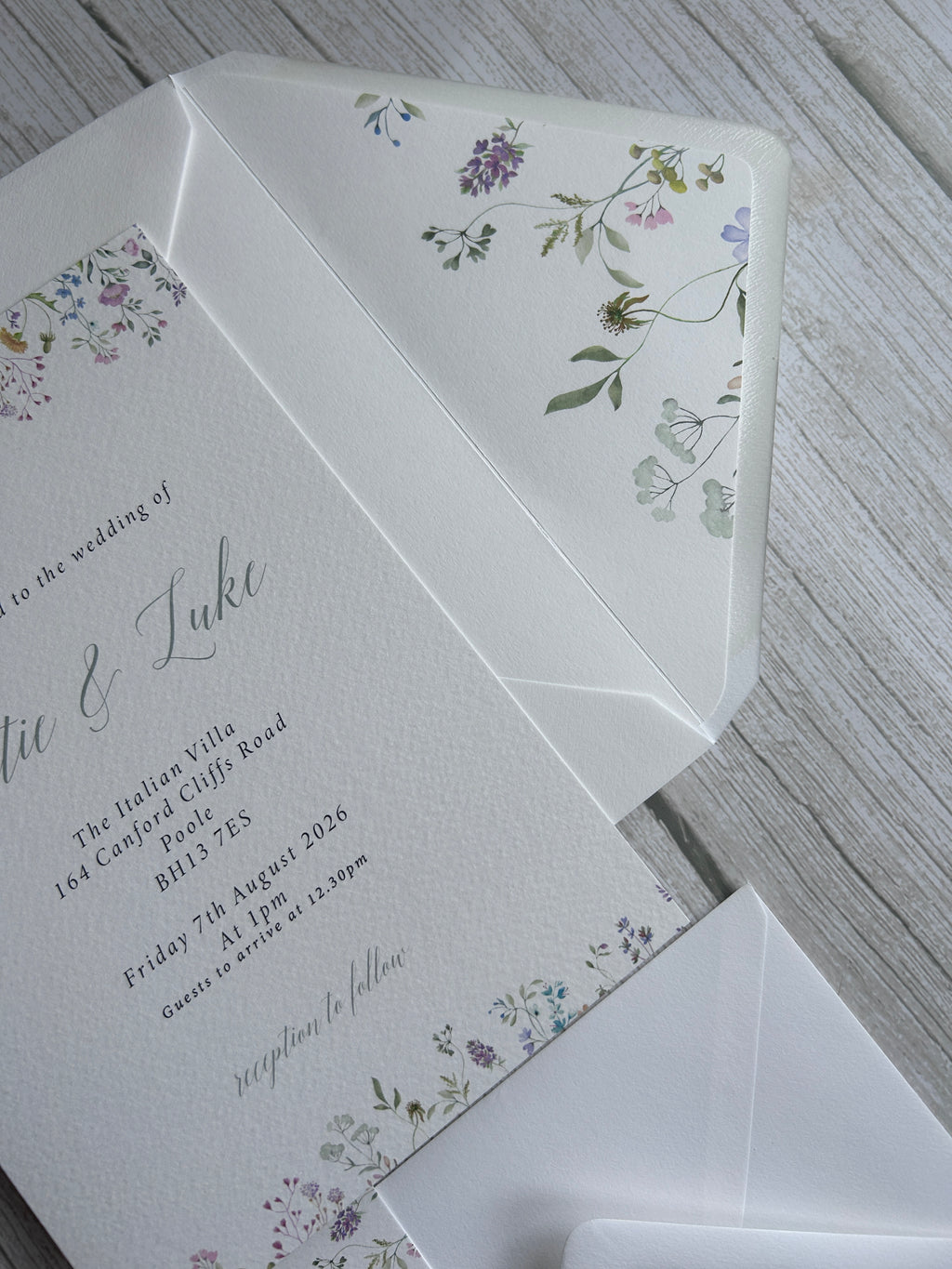 Wildflower Watercolour Botanical Border Wedding Invitations with Vellum Bellyband & Envelope Liner