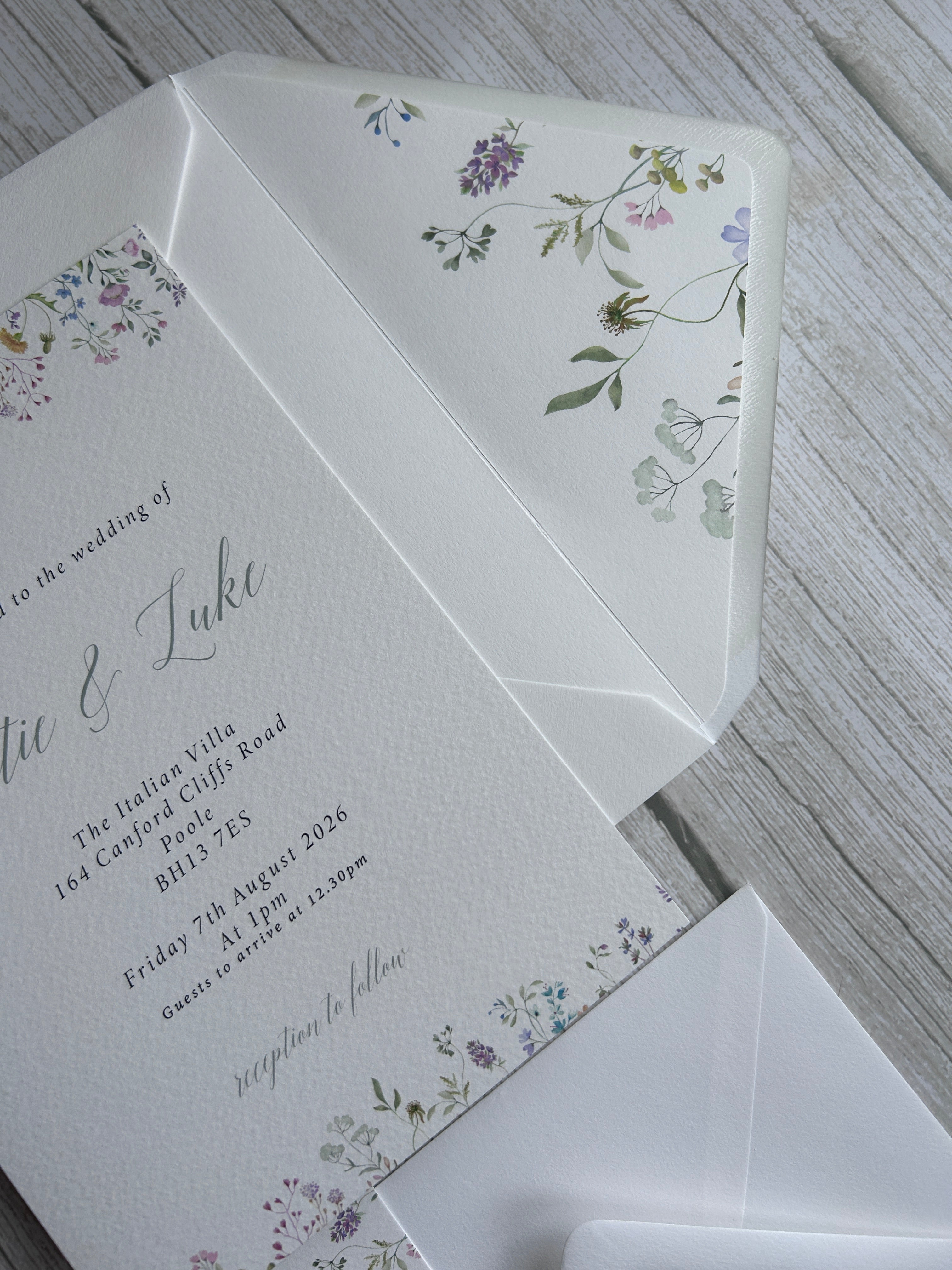 Wildflower Watercolour Botanical Border Wedding Invitations with Vellum Bellyband & Envelope Liner