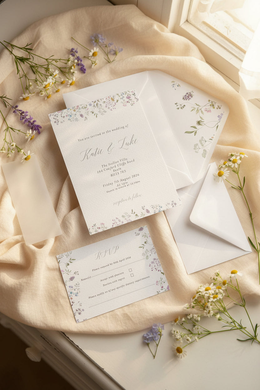 Wildflower Watercolour Botanical Border Wedding Invitations with Vellum Bellyband & Envelope Liner