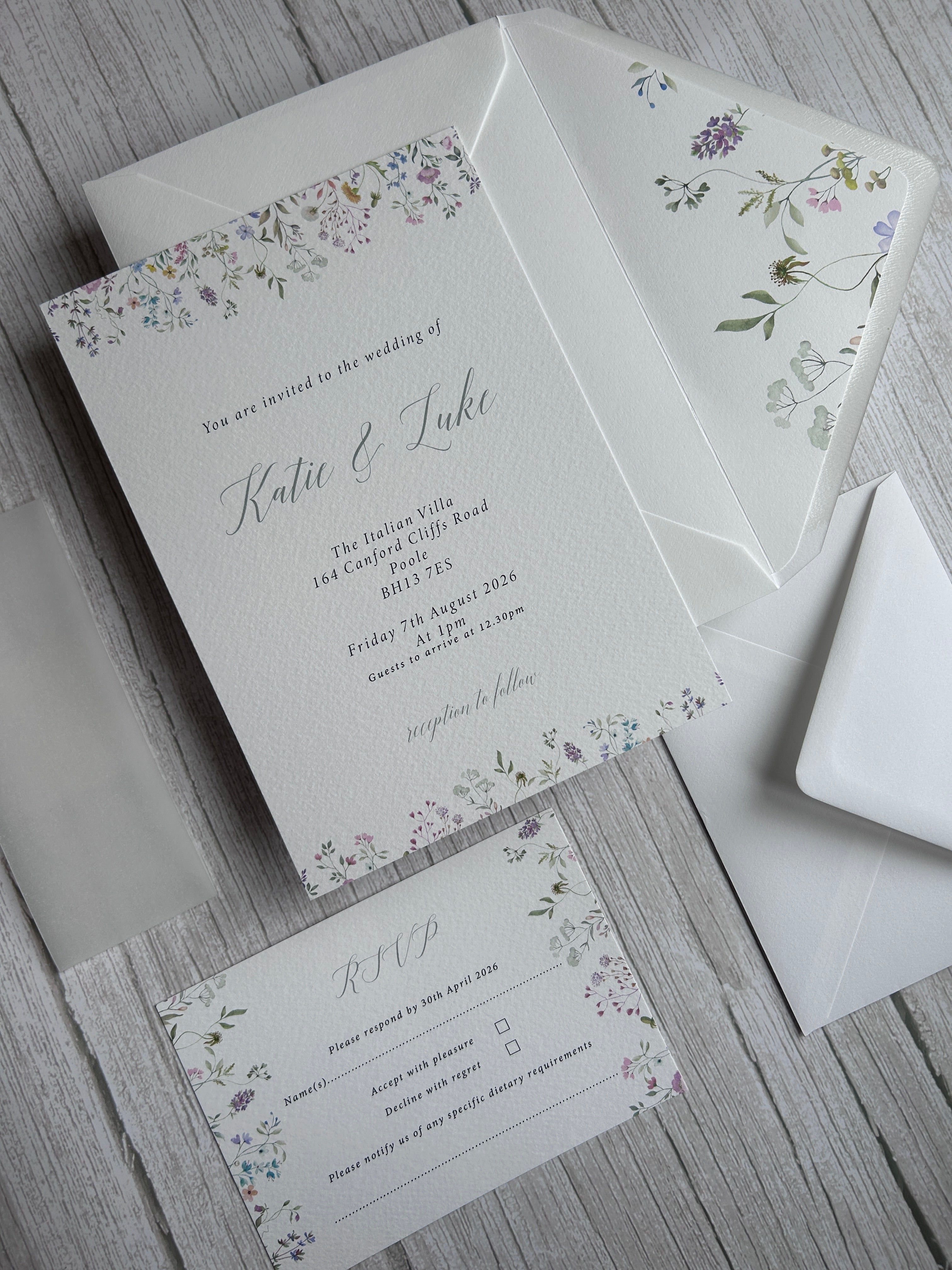 Wildflower Watercolour Botanical Border Wedding Invitations with Vellum Bellyband & Envelope Liner