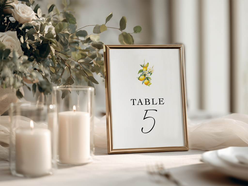 Lemon Wedding Table Numbers | Italian Wedding Table Decor | Mediterranean Wedding Signage