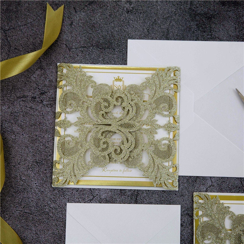 Gold Foil & Gold Glitter Sparkle Lasercut Wedding Invitation with Vellum Bellyband Detailing