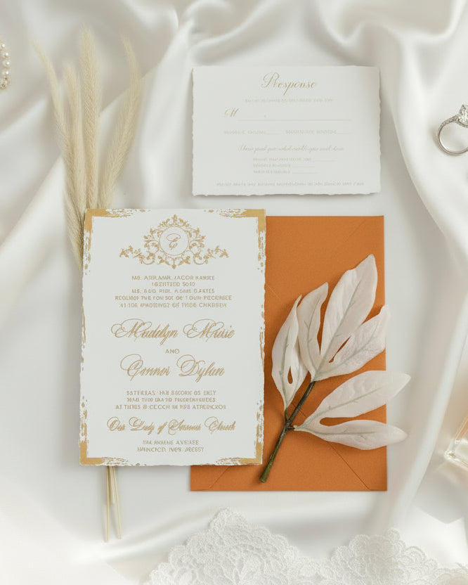 Deckle Edge Gold Foiled Wedding Invitation with RSVP matching Envelope | Modern Wedding Invite