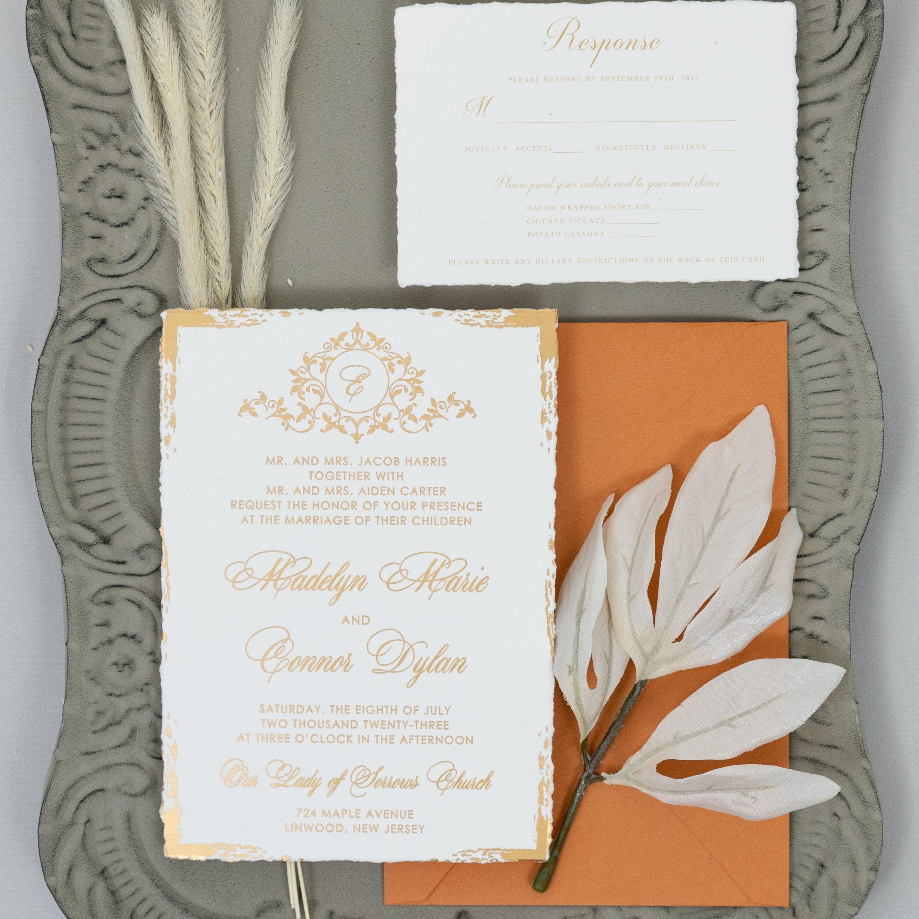 Deckle Edge Gold Foiled Wedding Invitation with RSVP matching Envelope | Modern Wedding Invite