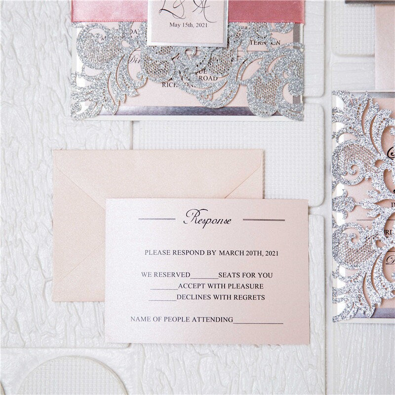 Silver Glitter & Pink Ribbon Lasercut Wedding Invitation with Silver Mirror Detailing