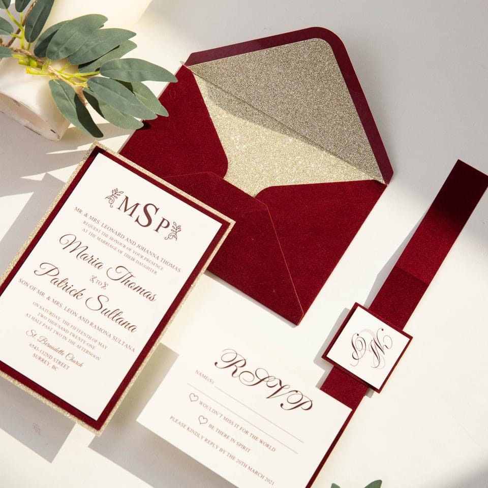 Christmas Red & Gold Glitter Velvet Wedding Invitation with Glitter Envelope Liner