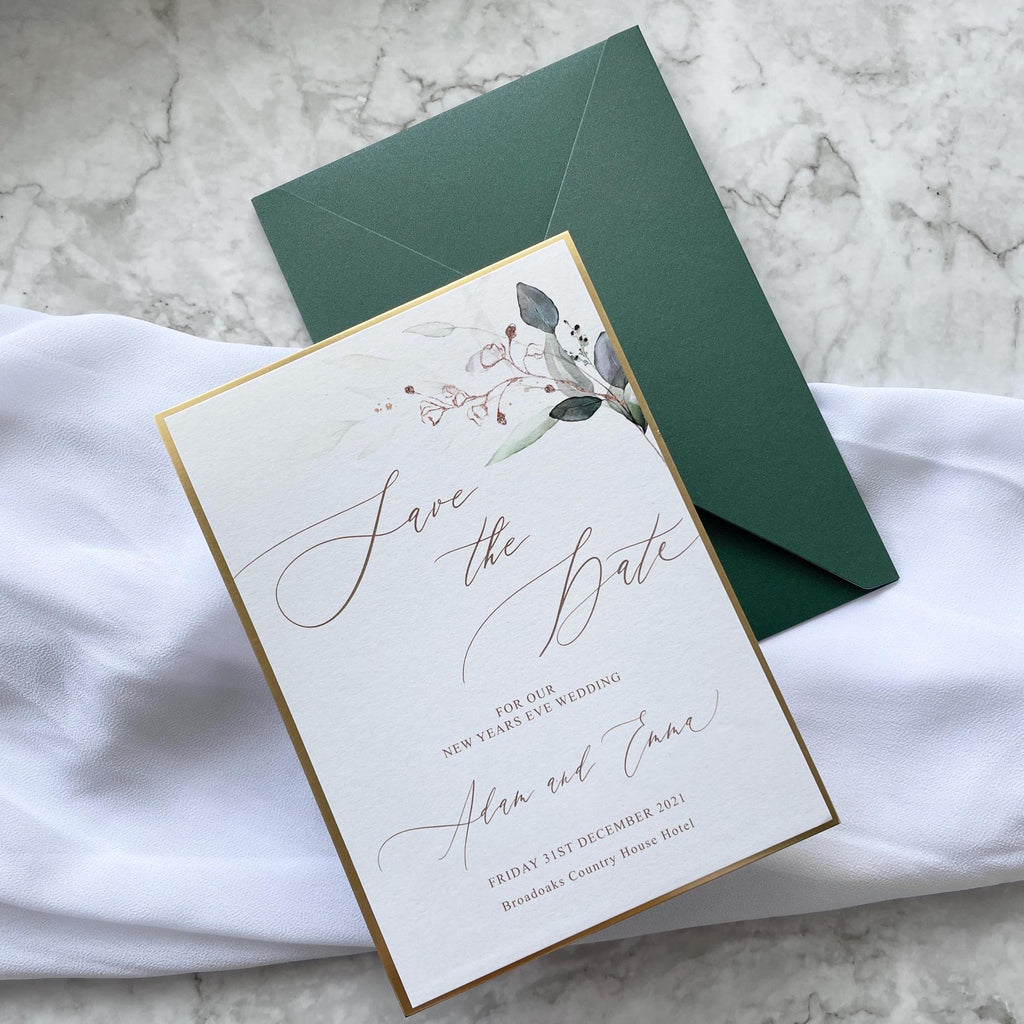 Boho Wedding Save The Date Gold And Emerald Green, Leafy Design with Gold Metallic Trim