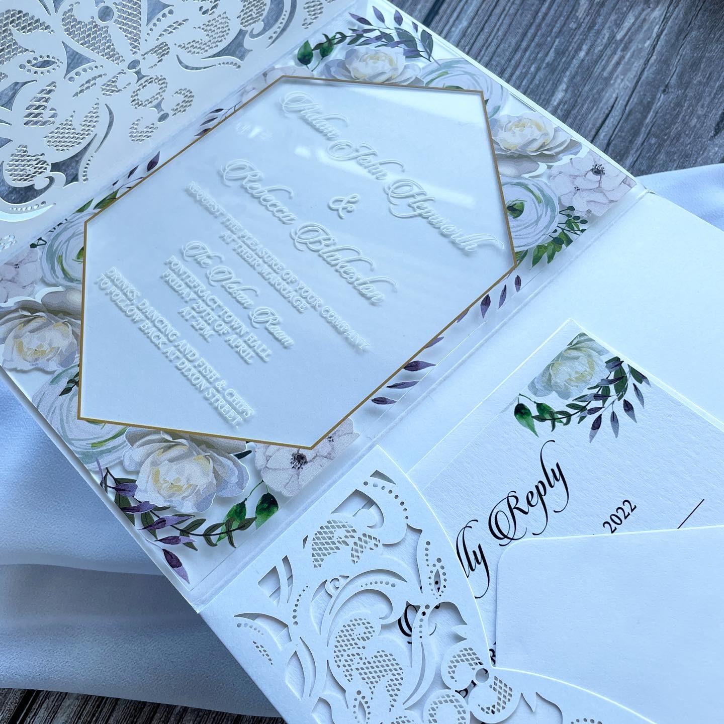 White Floral Acrylic Wedding Invitation | Laser Cut Jacket & Inserts