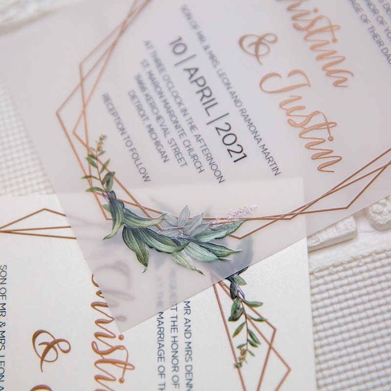 Geometric Olive Eucalyptus Leaf Design UV Printed Wedding Invite / Invitation